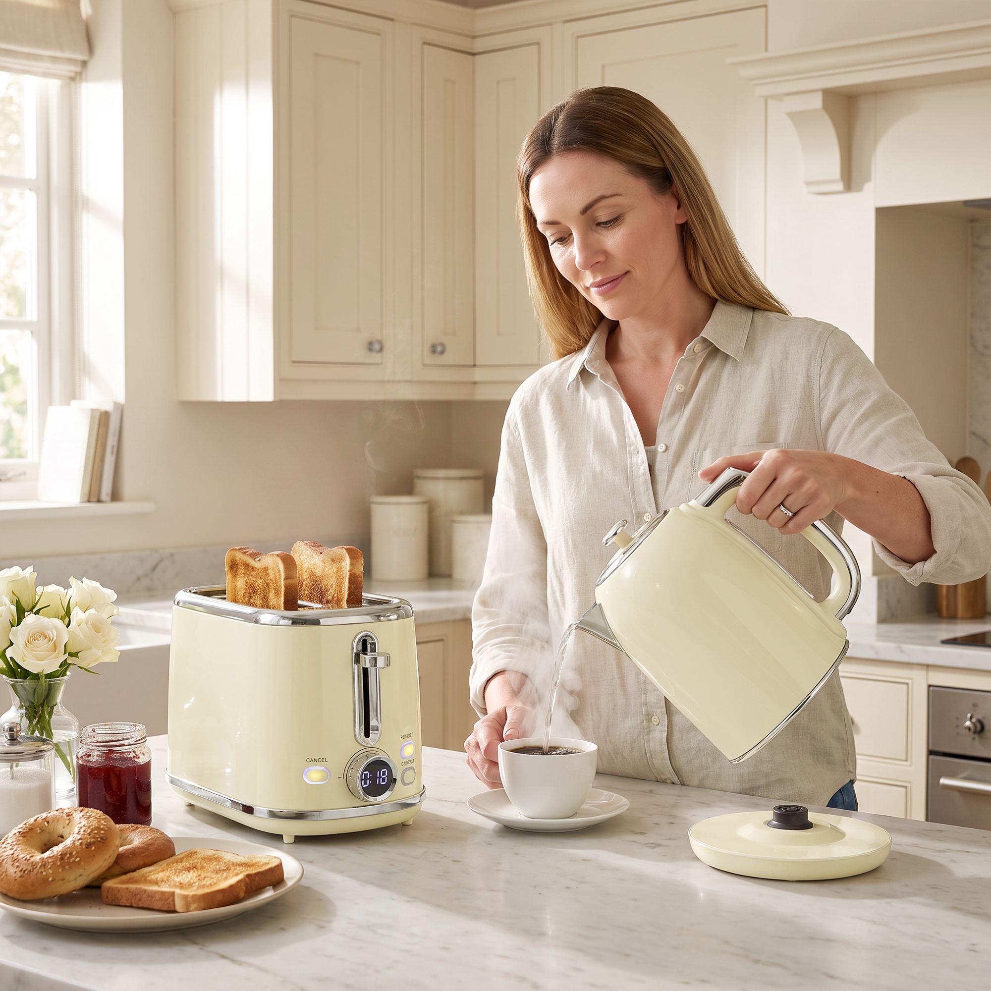 Wasserkocher- und Toaster-Set mit LED-Display, 1,7-L-Wasserkocher mit 3 Std. Warmhaltefunktion, Creme