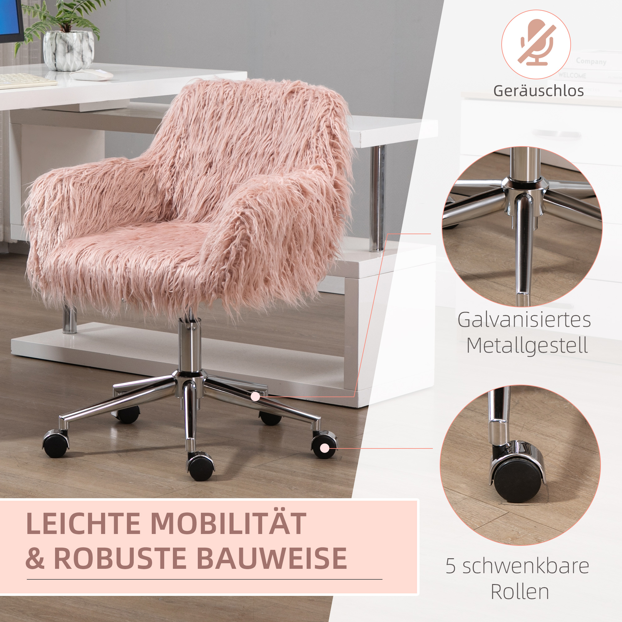 Chefsessel Drehstuhl Computerstuhl Schminkstuhl mit Kunstfell Sitzhöhenverstellung für Mädchen Kunstpelz Schaumstoff Rosa+Silber 57 x 60 x 75-85 cm