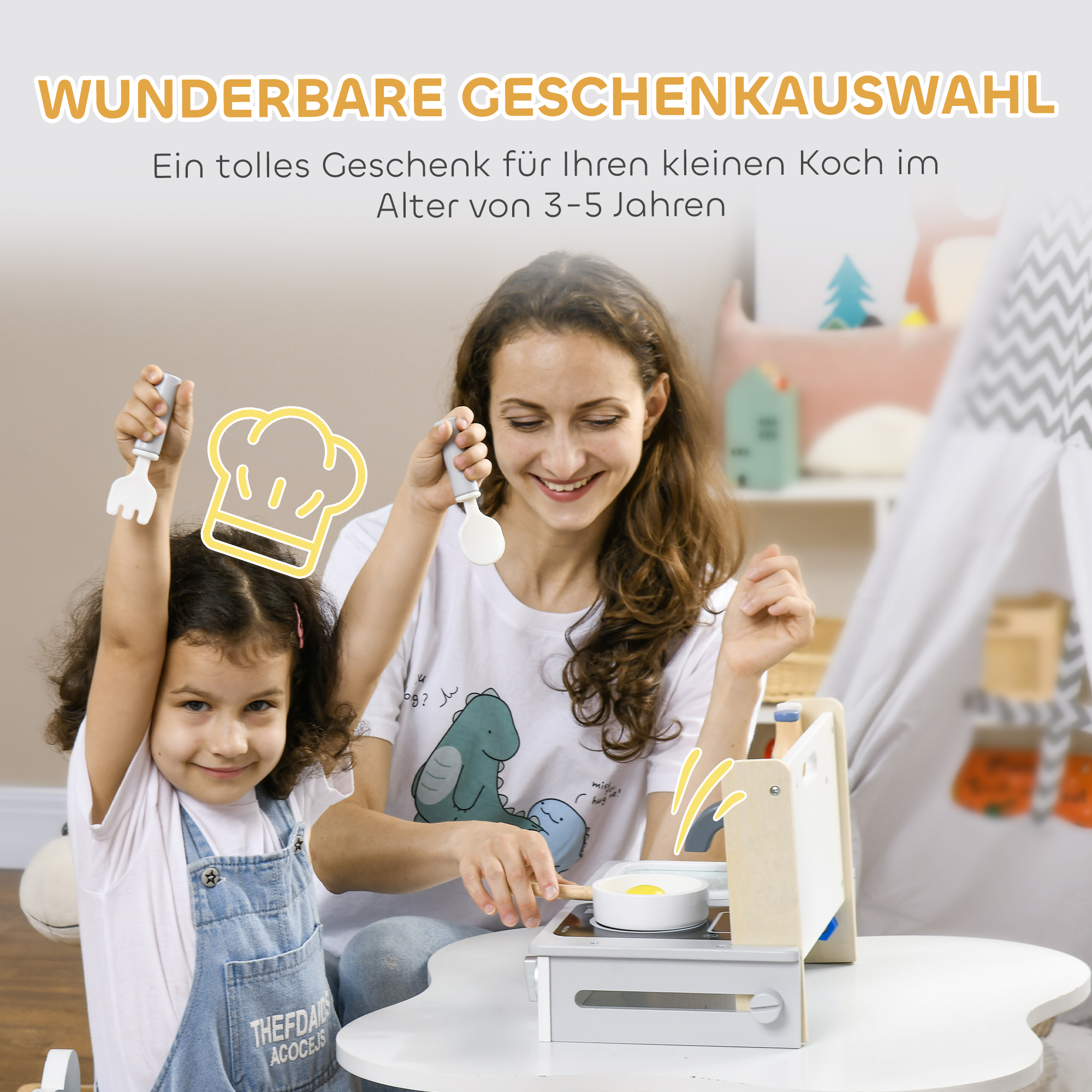 Kinderküchen-Set, 10-teilig, mit Gewürzflaschen, Topf, Ei, Fisch, 36x21,5x25 cm, Grau/Gelb
