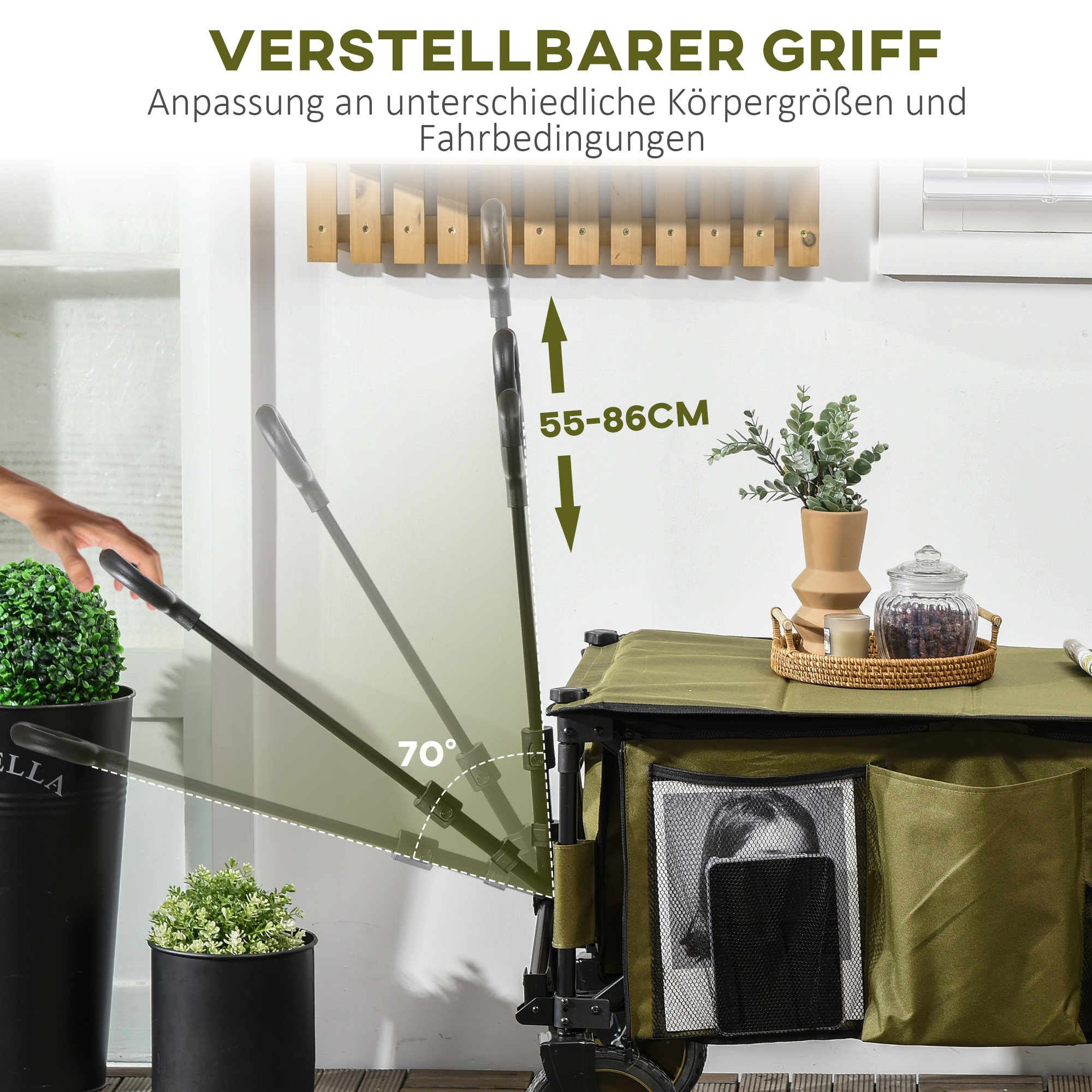 Bollerwagen, klappbar, 5 Seitentaschen, verstellbarer Griff, bis 120 kg belastbar, Stahl, 108 x 55 x 93 cm, Grün