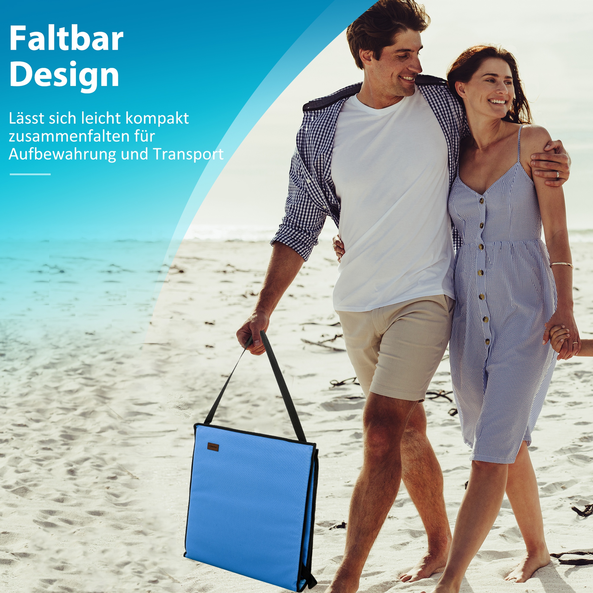 Strandliege, klappbar, verstellbare Rücklehne, Seitentasche, weiche Polsterung, Stahlrahmen, Blau, 142x51x40cm