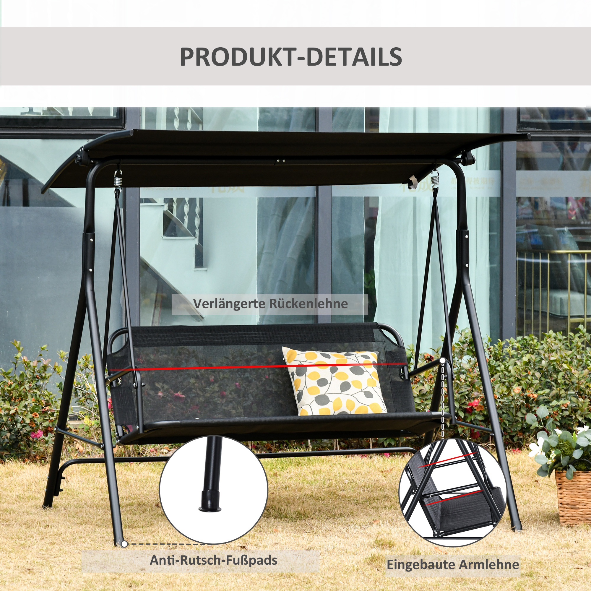 2-Sitzer Hollywoodschaukel Outdoor Gartenliege UV-beständig Hochwertiges Metallrohr winkeleinstellbar Schwarz