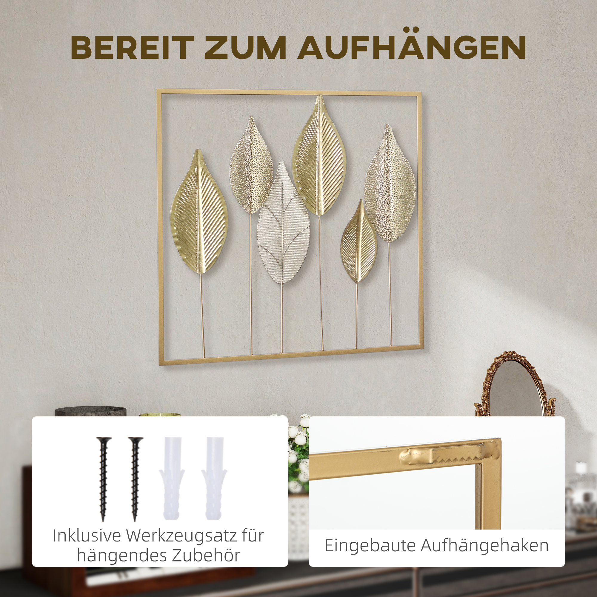 Metallrahmen mit Blattdesign, Wandschmuck, moderner Stil, Goldfarben