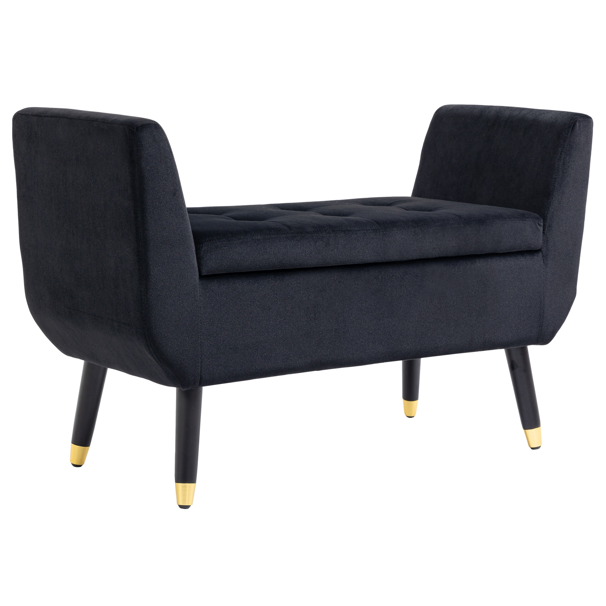 Sitzbank mit Stauraum Armlehnen Polsterbank mit Samtoptik, Sitztruhe mit Holzbeine, Truhenbank für Wohnzimmer Schlafzimmer Flur 107 x 42 x 65 cm, Schwarz