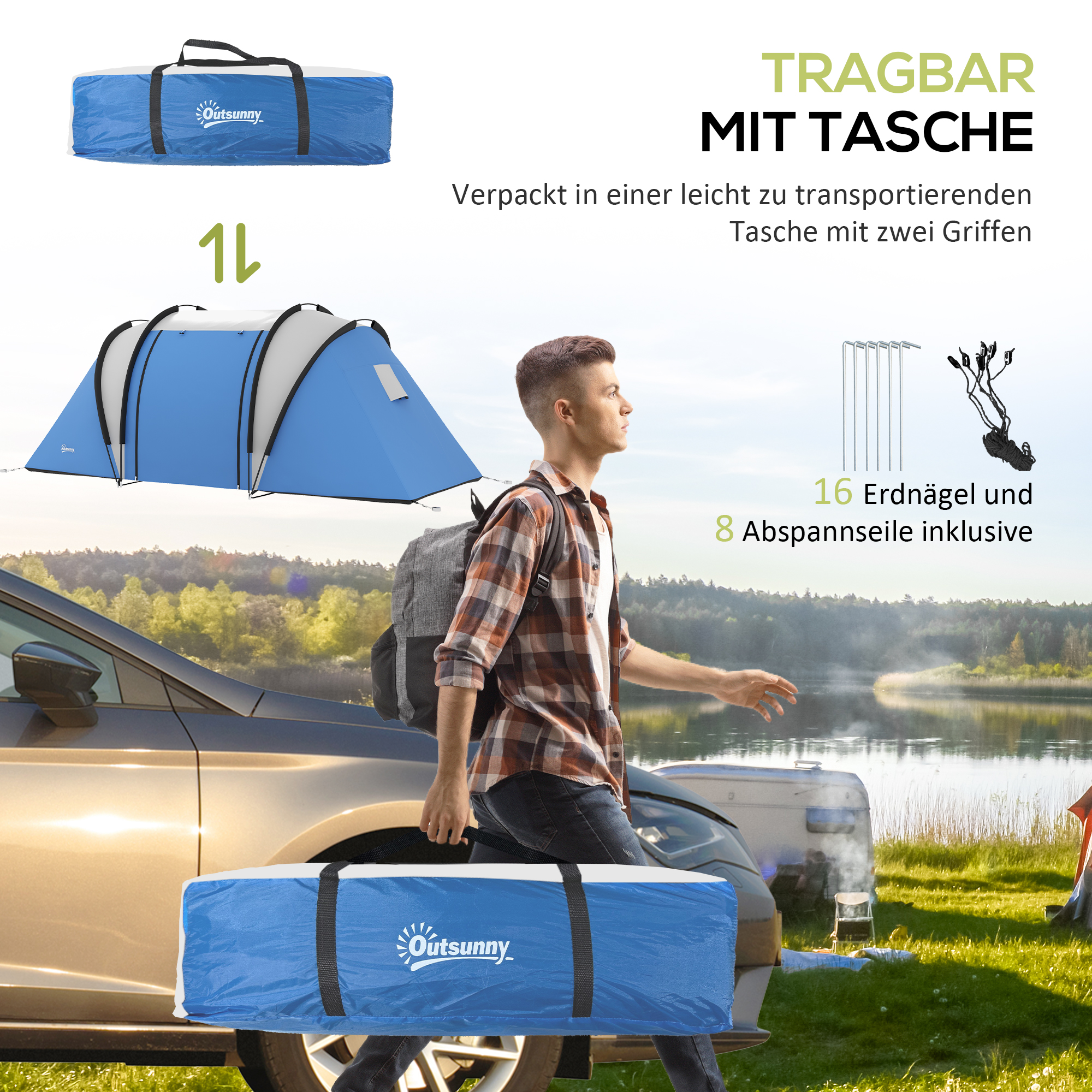 Campingzelt für 4-5 Personen leicht wasserabweisend Familienzelt mit 3 Zimmer Seitentür Fenster Blau