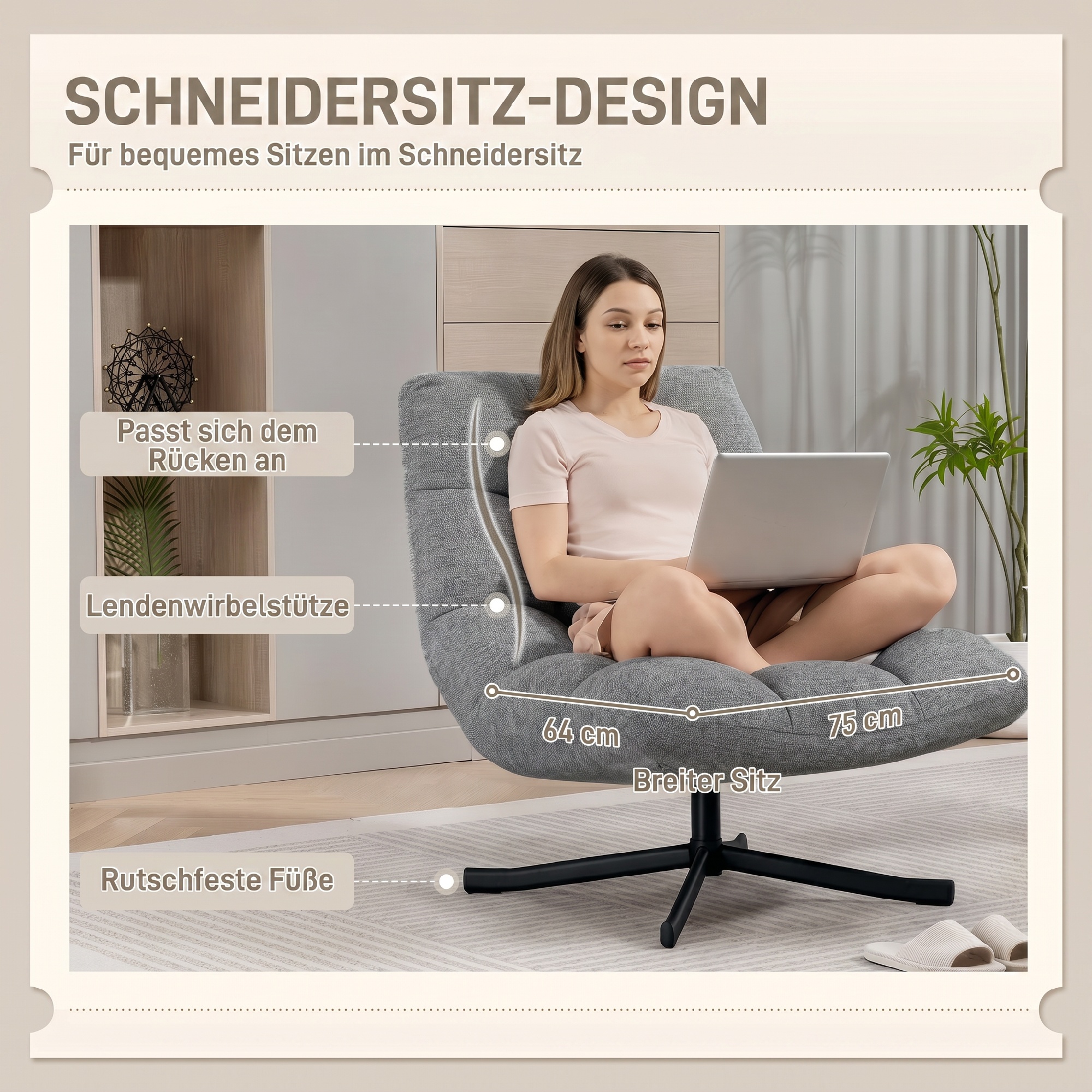 Sessel Drehbar Loungesessel mit Breiter Sitzfläche, wasserabweisend Chenille-Optik, gekreuzt Stahlbeine, Grau