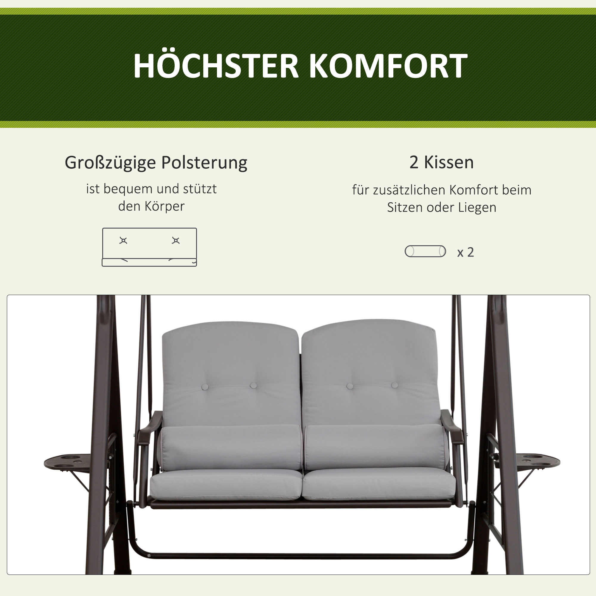 2-Sitzer Hollywoodschaukel Gartenschaukel mit Sonnendach Kissen Tablett Metall Polyester Grau 162 x 118 x 173 cm