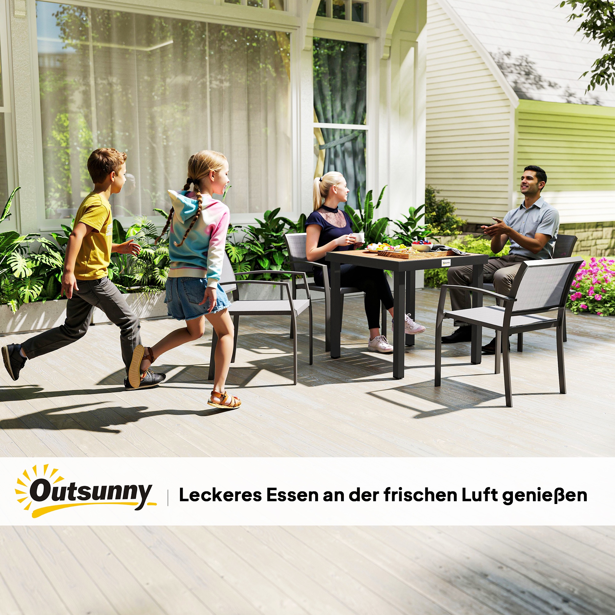 Gartentisch Kunststoff 78 x 78 x 74 cm Wetterfest Aluminiumrahmen, Buffettisch Campingtisch für 4 Personen Balkontisch Terrassentisch Outdoor Esstisch für Garten, Terrasse Balkon Schwarz