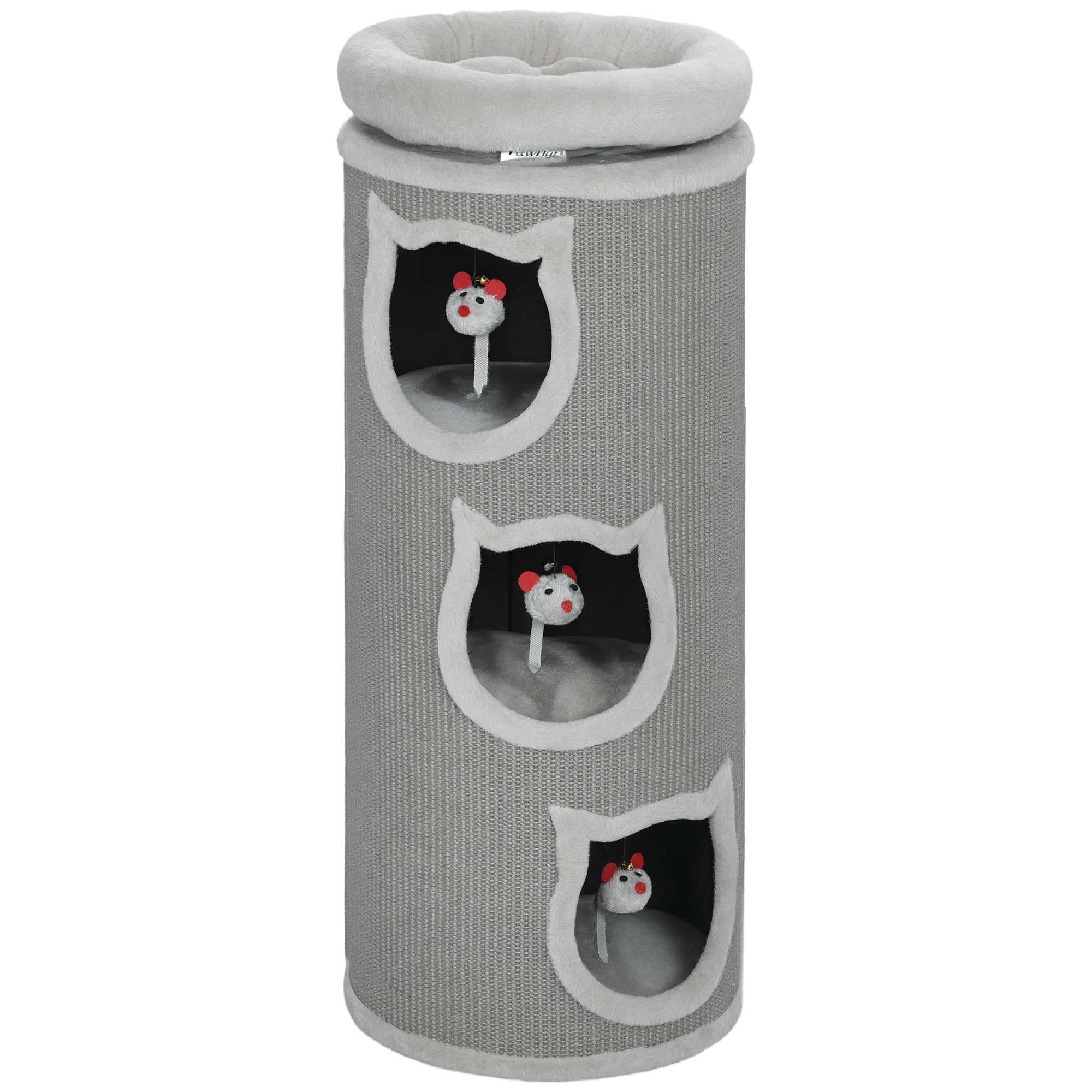 Katzenkratzfass, 96 cm, 4-Ebenen-Katzenturm mit waschbarem Bett, 3 Schlafhöhlen, Hängespielzeug, für mehrere Katzen Grau