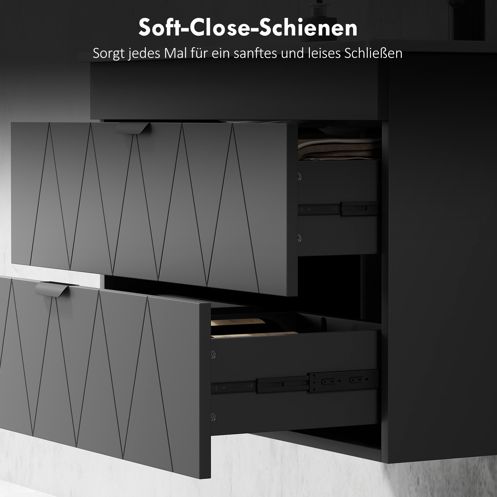 Waschbeckenunterschrank Hängender Unterschrank mit Keramikwaschbecken Soft-Close-Schubladen Schwarz