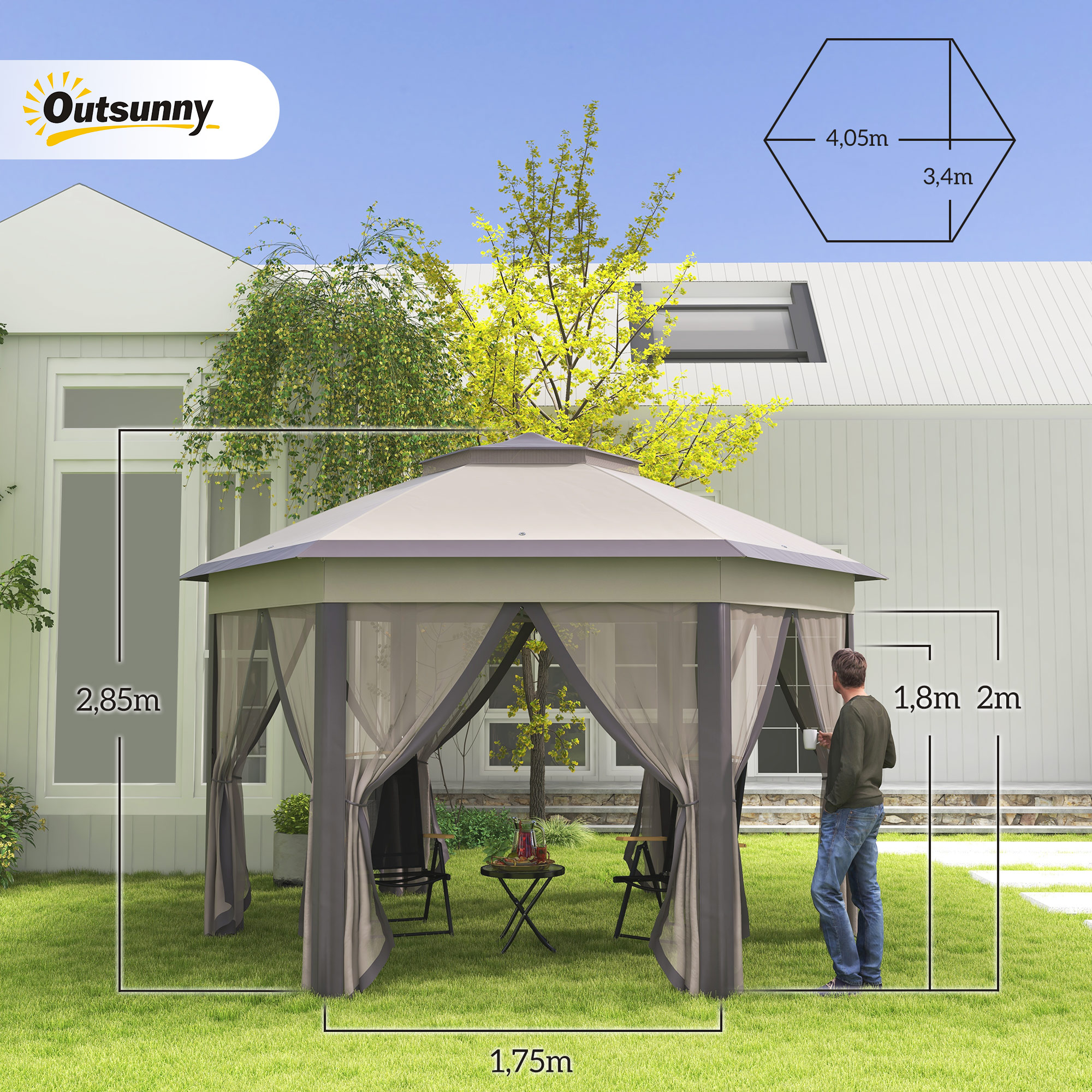 Gartenpavillon Faltpavillon 4 x 4 m Pop-Up-Zelt Partyzelt inkl. Tragetasche 6 Seitenteile Doppeldach sechseckig Beige