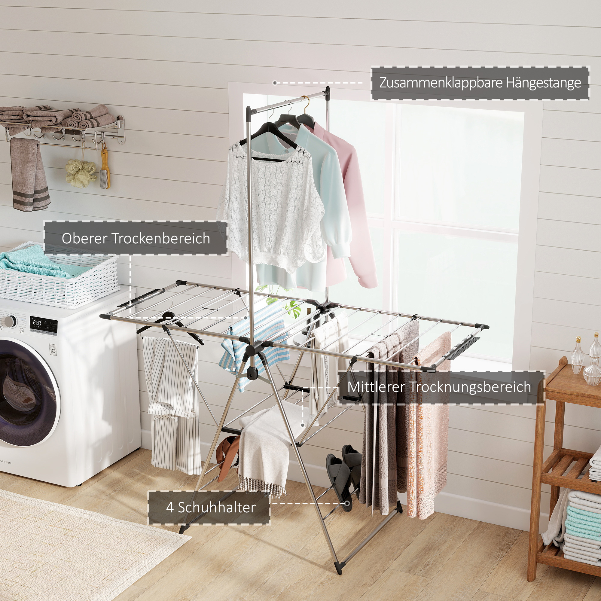 Wäscheständer faltbar Standtrockner mit verstellbare Flügel, Schuhhaltern, Edelstahl, 156,5 x 68 x 192 cm, Silber
