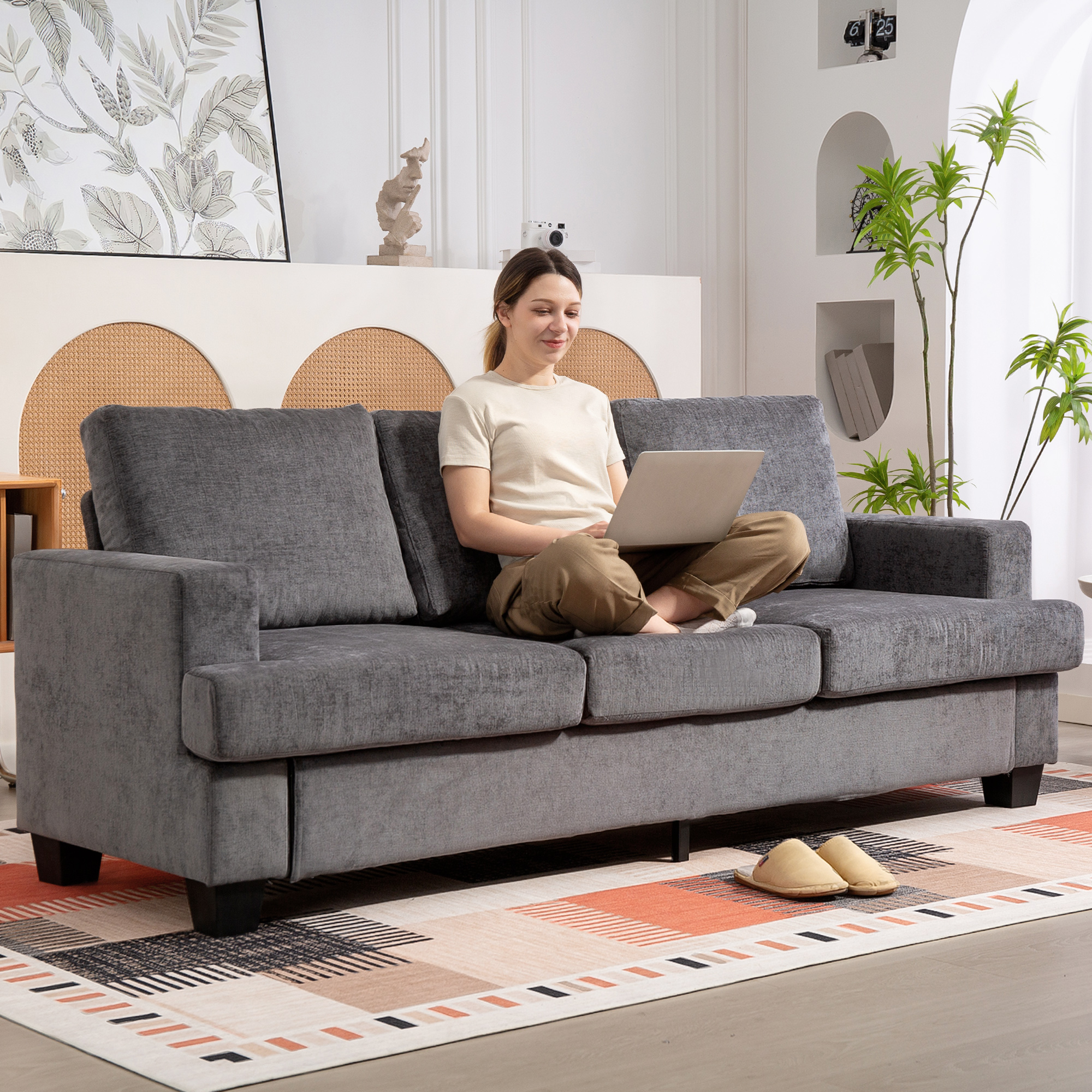 3-Sitzer-Sofa, Wohnzimmersofa für 3 Personen, Stoffbezug, Stahlrahmen, Polstersofa, Grau