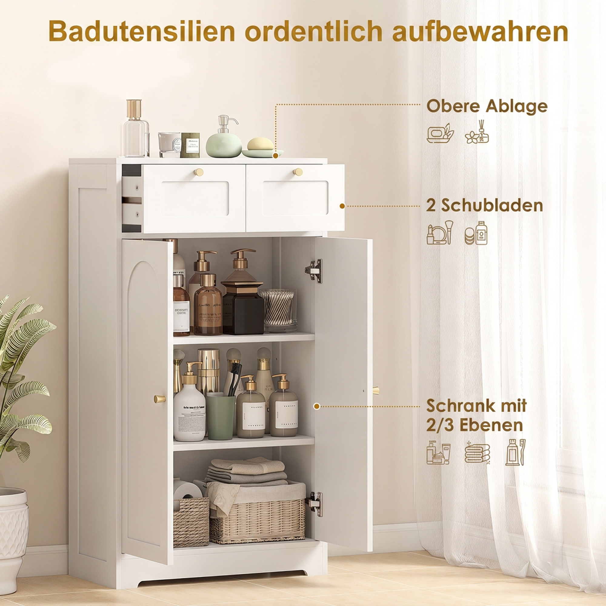 Badezimmerschrank Badschrank schmal mit 2 Schubladen, verstellbarem Einlegeboden 60 x 30 x 108 cm Weiß