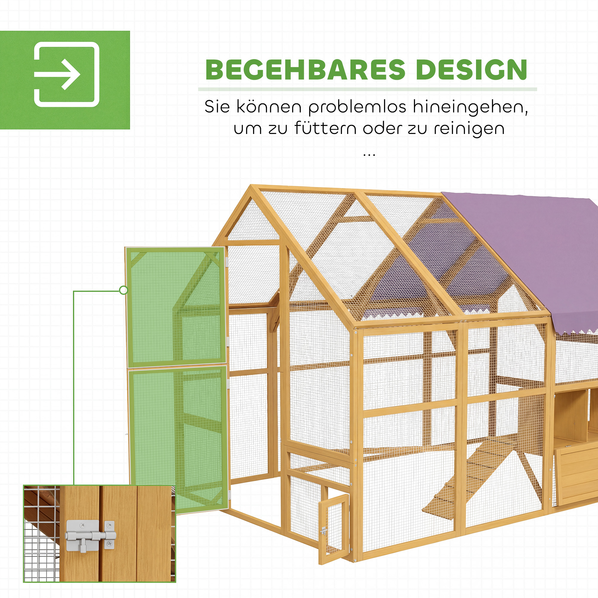 Hühnerstall Holz mit Freilauf, Sicherheitsschloss, Tür, 4 Nistkasten, für 8-12 Hühner, ca. 2,8 x 1,8 x 1,9 m, Gelb