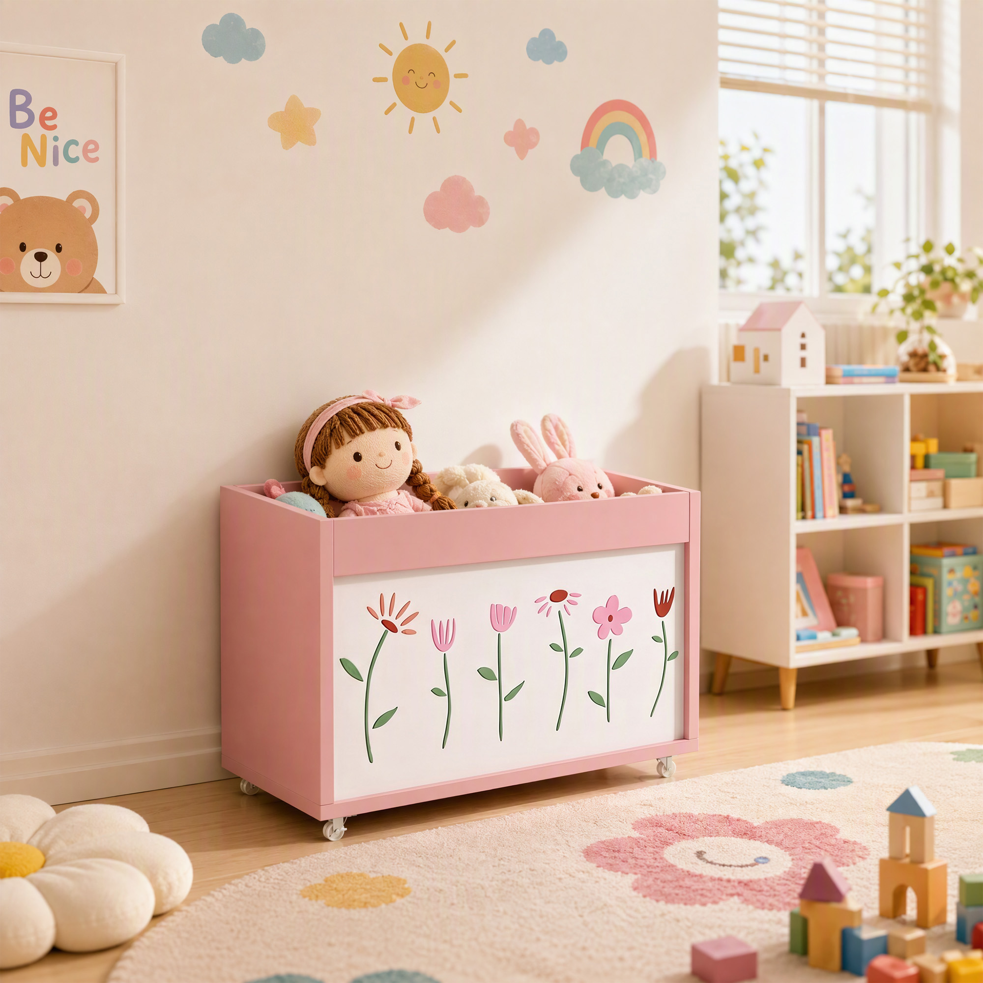 Spielzeugkiste, Aufbewahrungsbox mit Rollen Bremsen, 34,5 L offene Spielzeugtruhe mit Blumenmuster, 50 x 30 x 33,5 cm