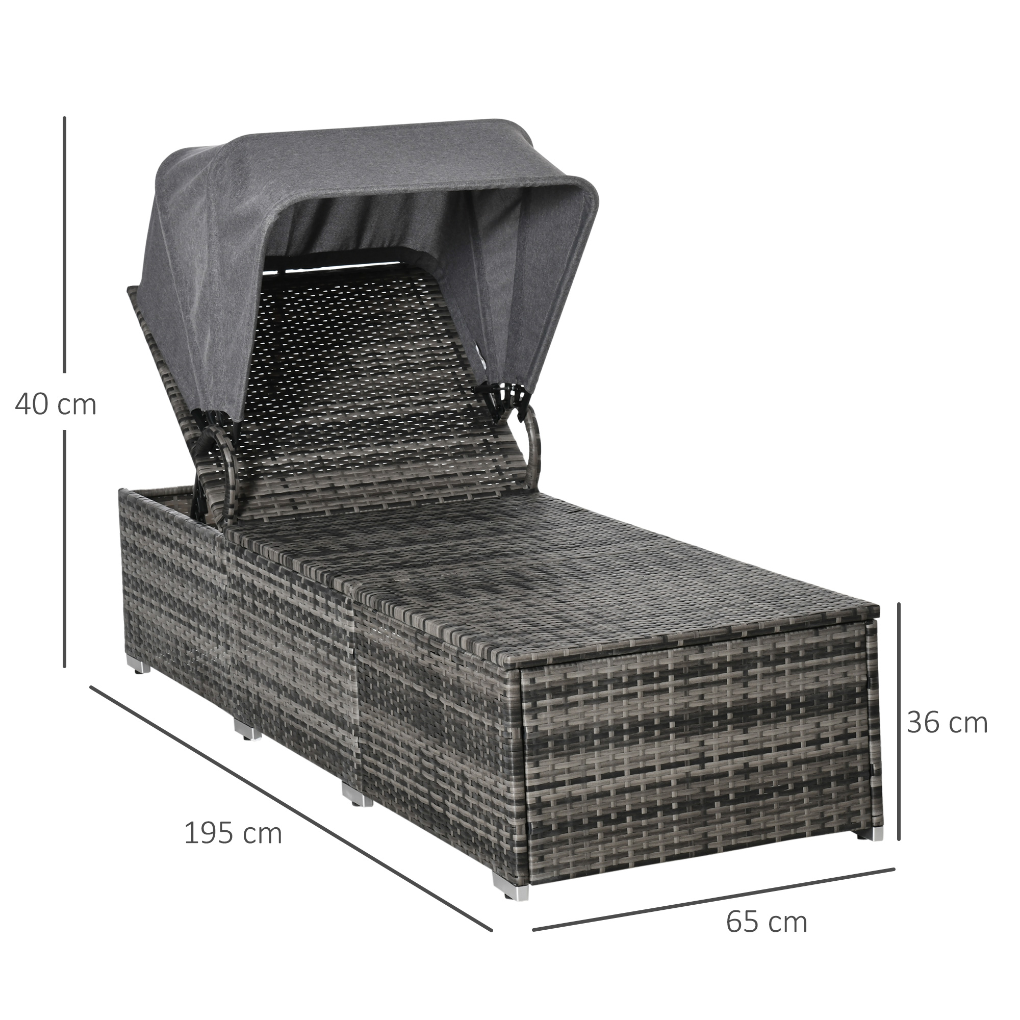 Sonnenliege aus Polyrattan mit Sonnendach Gartenliege verstellbar Rattanliege Gartenmöbel Liege mit Kissen Grau 195 x 65 x 40 cm