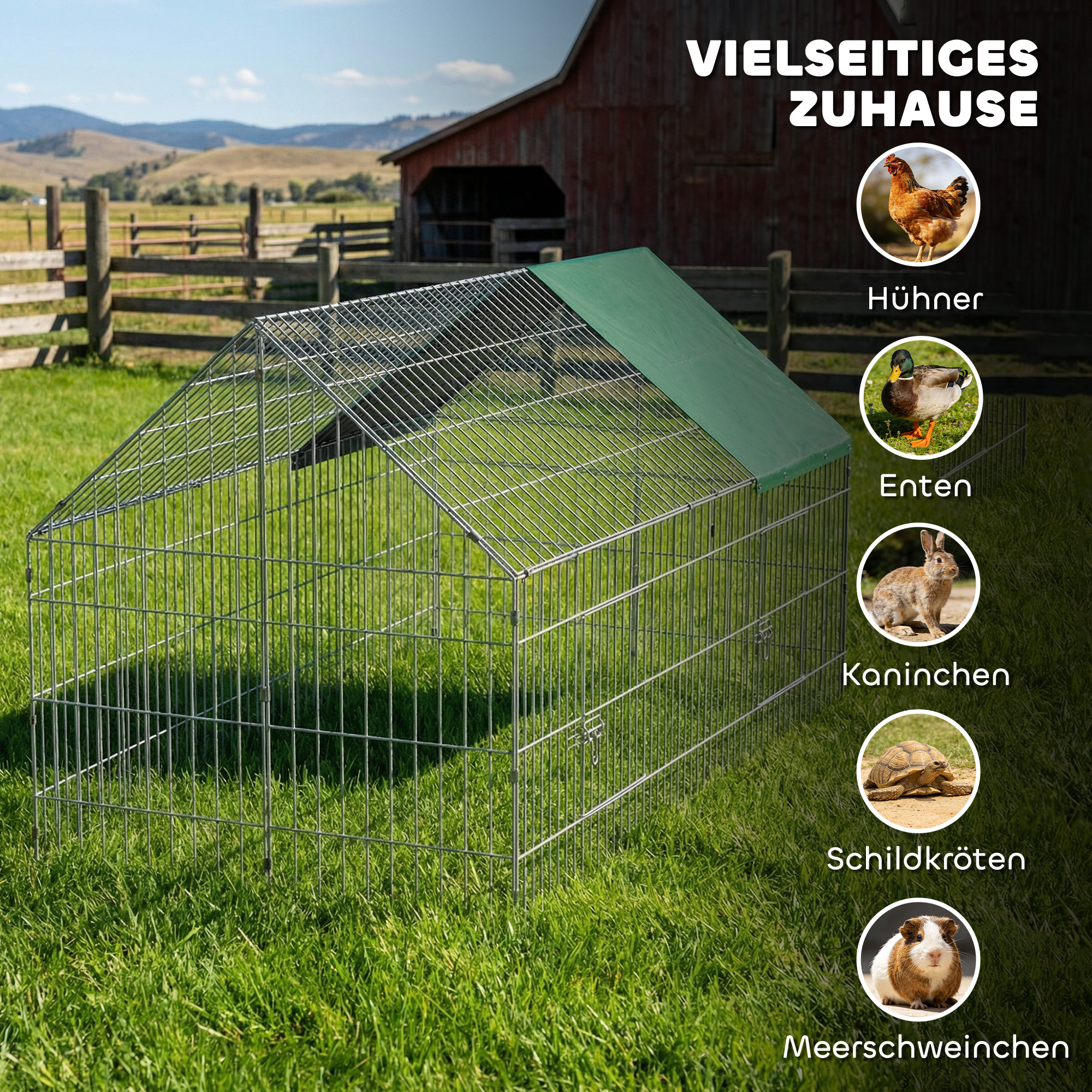 Kleintierstall Kaninchenstall mit Spitzdach abschließbare Türen Schutzabdeckung für Kleintiere 180 x 75 x 75 cm Grün