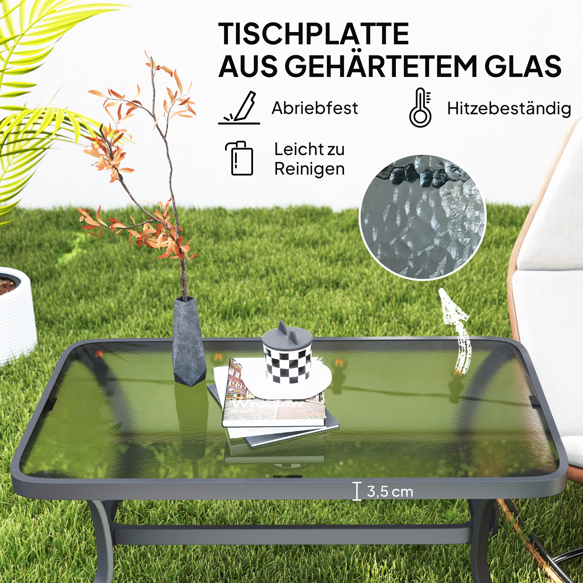 Beistelltisch Hartglas Kaffeetisch Couchtisch mit Wellendesign, Abgerundete Ecke Balkontisch 95x55 cm Schwarz