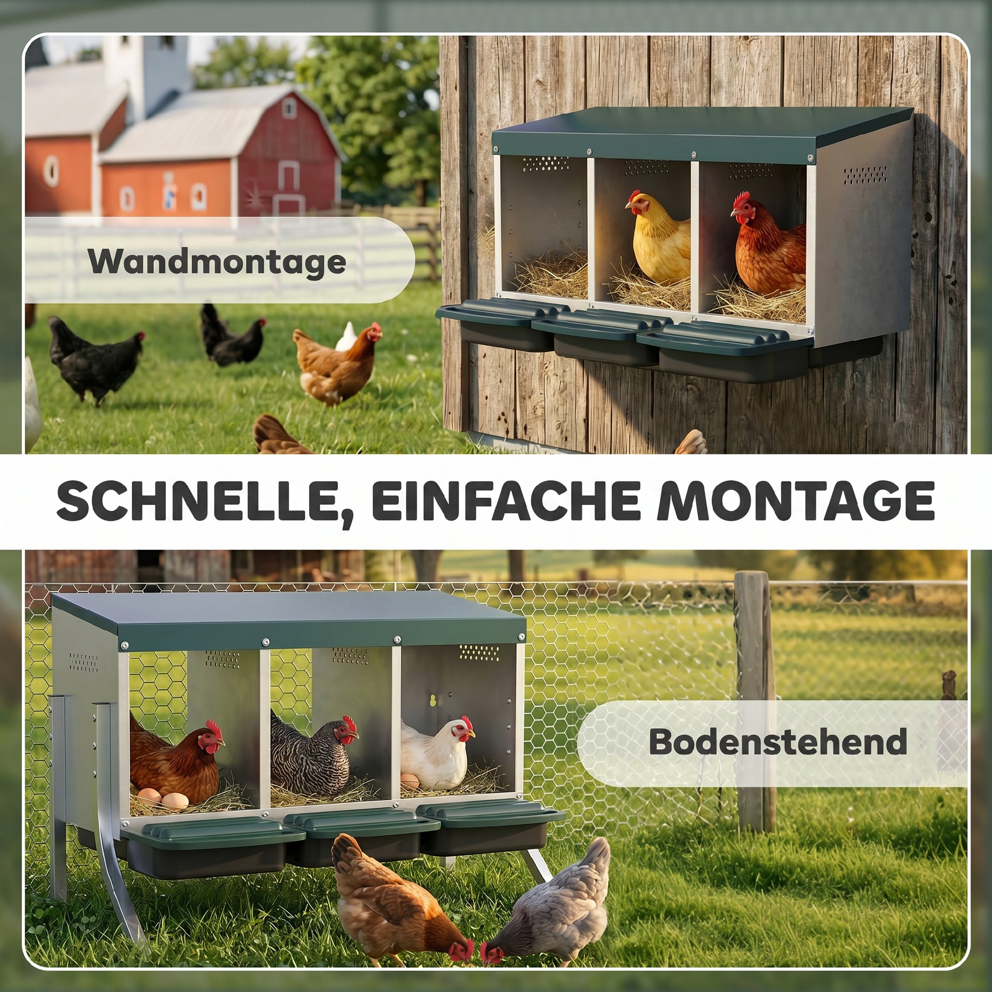Legenest für Hühner, Abrollnest mit Belüftungslöchern, 3 Fächer, Hühnernest für 3 Hühner, 84 x 55 x 61 cm, Silber
