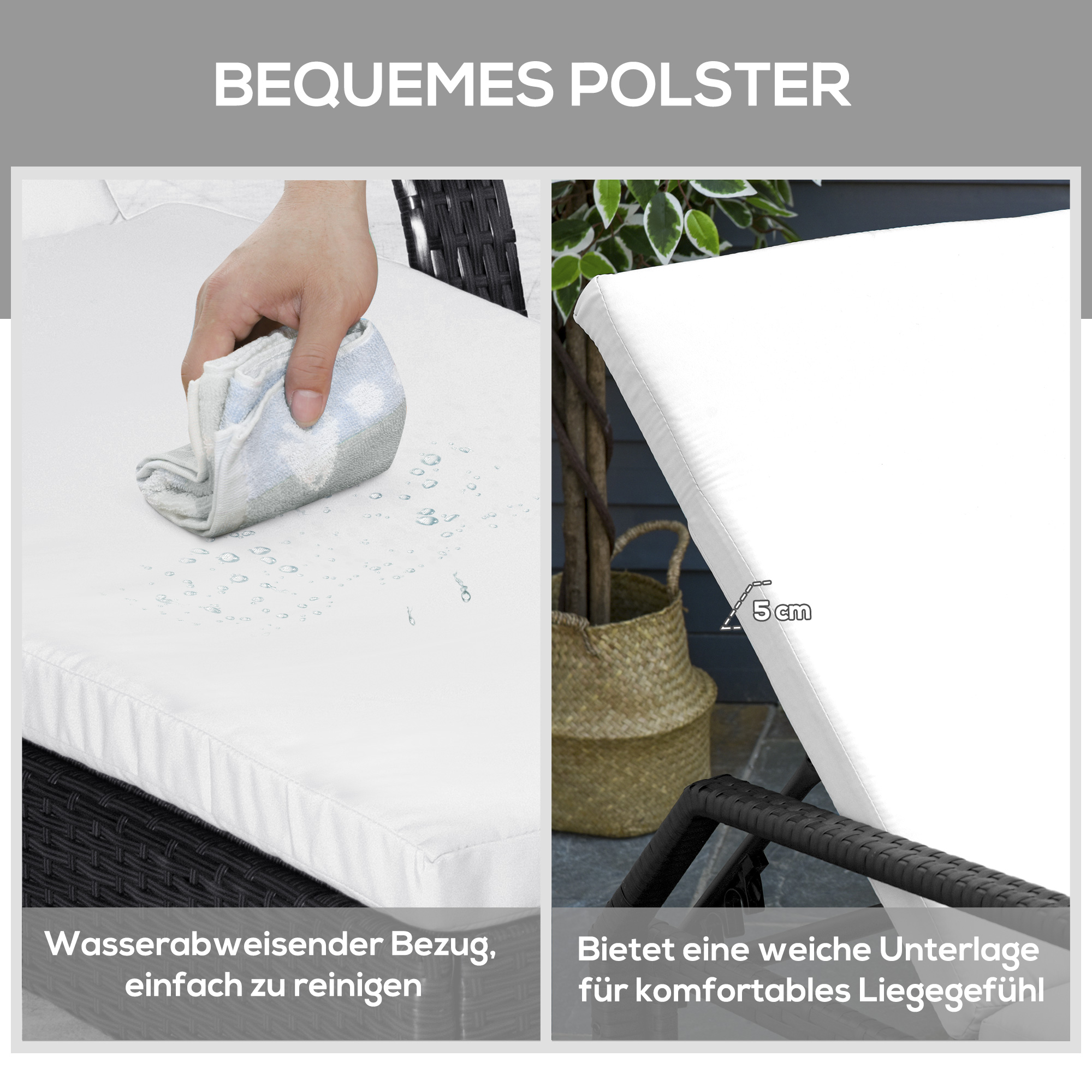Sonnenliege Gartenliege Tisch 3er-Set Gartenmöbel, Polyrattan+Metall Schwarz+Cremeweiß