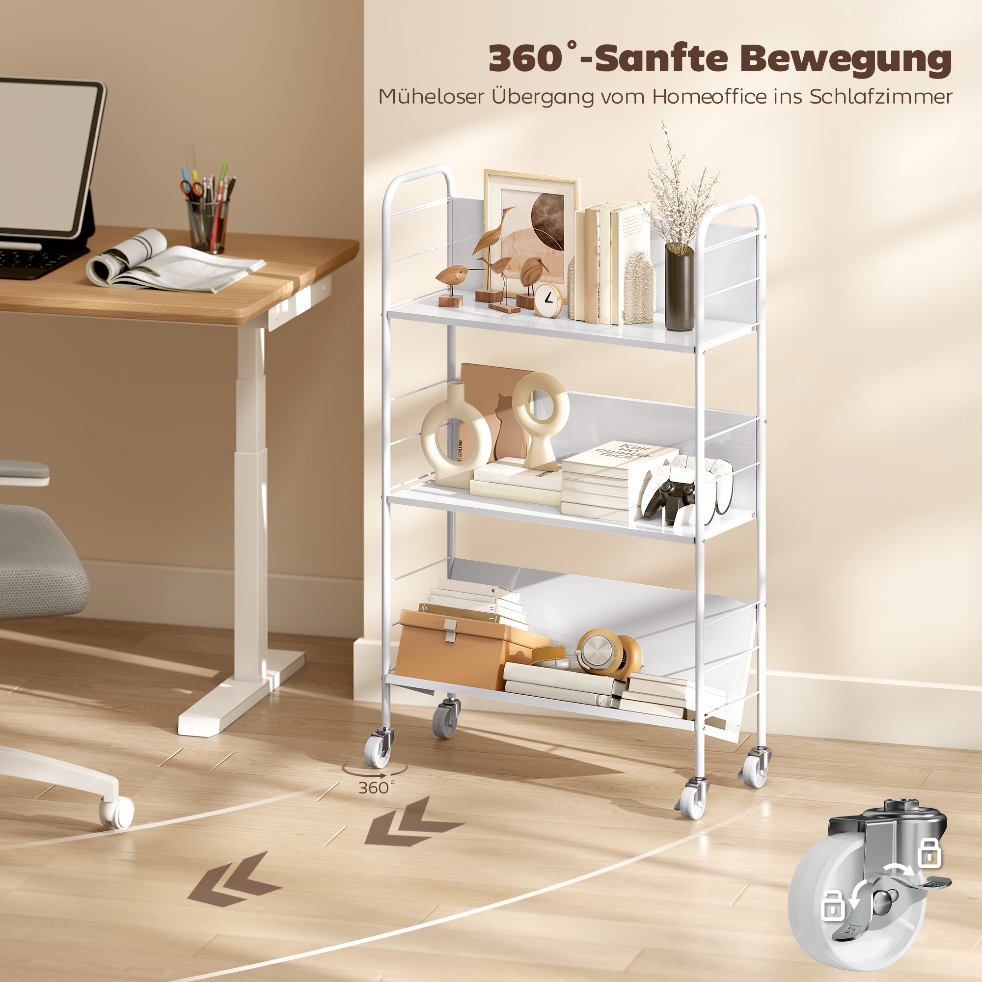 Bücherregal Aufbewahrungsregal mit 3 Ebenen, Rädern, Spielzeugregal für Schlafzimmer, 69 x 26 x 108 cm, Weiß
