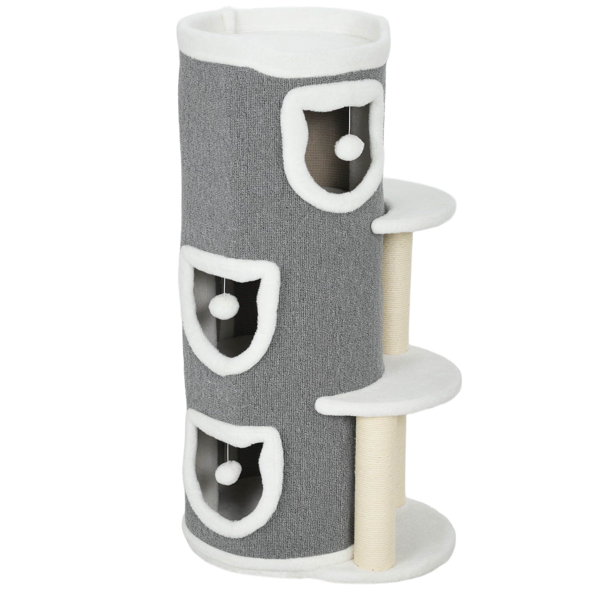 101 cm Katzenturm, 3 Ebenen, 3 Schlafhöhlen, Spielbälle, Kratzpfosten, Sisal, Spanplatte, Grau