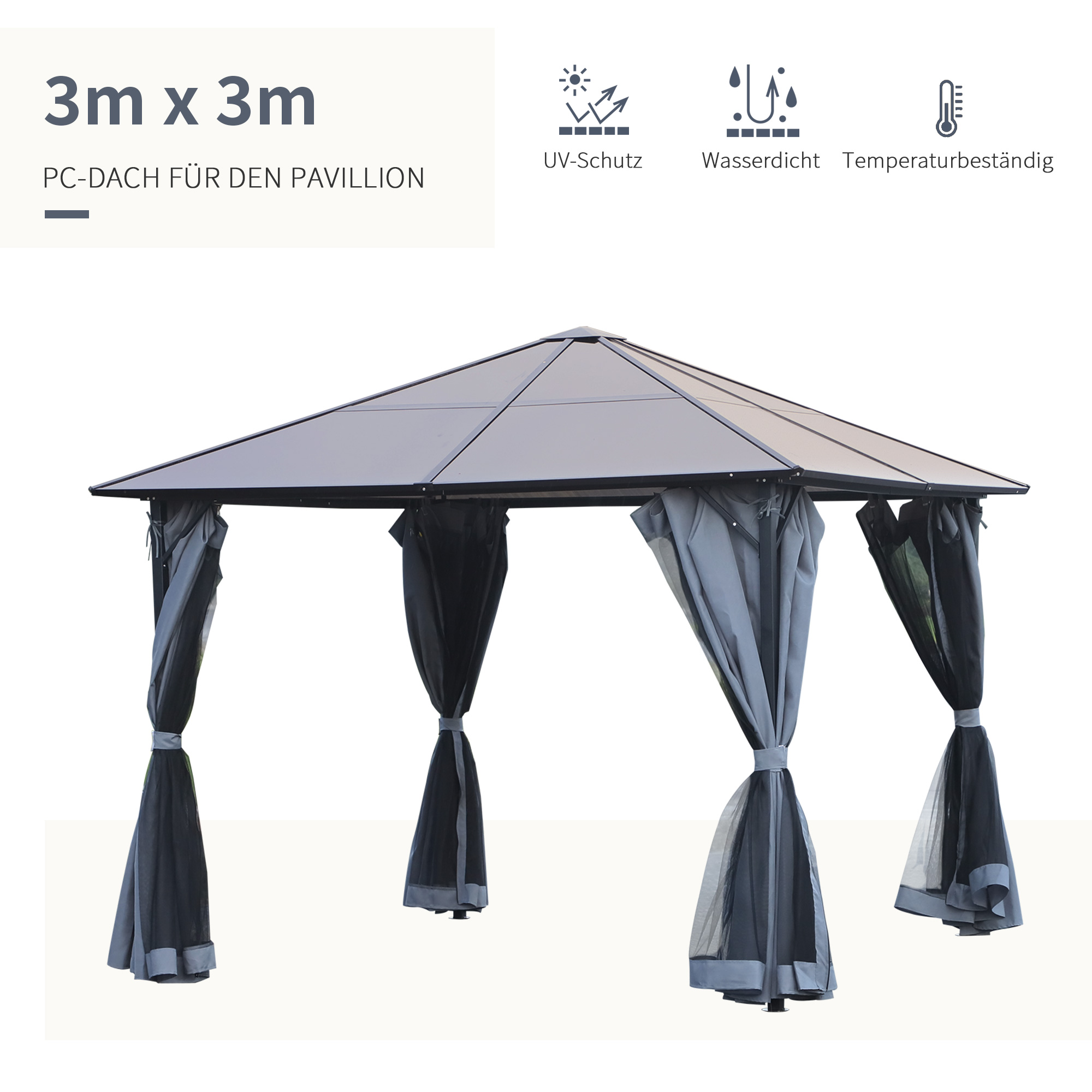 Pavillon mit Polycarbonatdach, Vorhänge mit Fliegennetz, Alugestell, dunkelgrau, 3 x 3 m