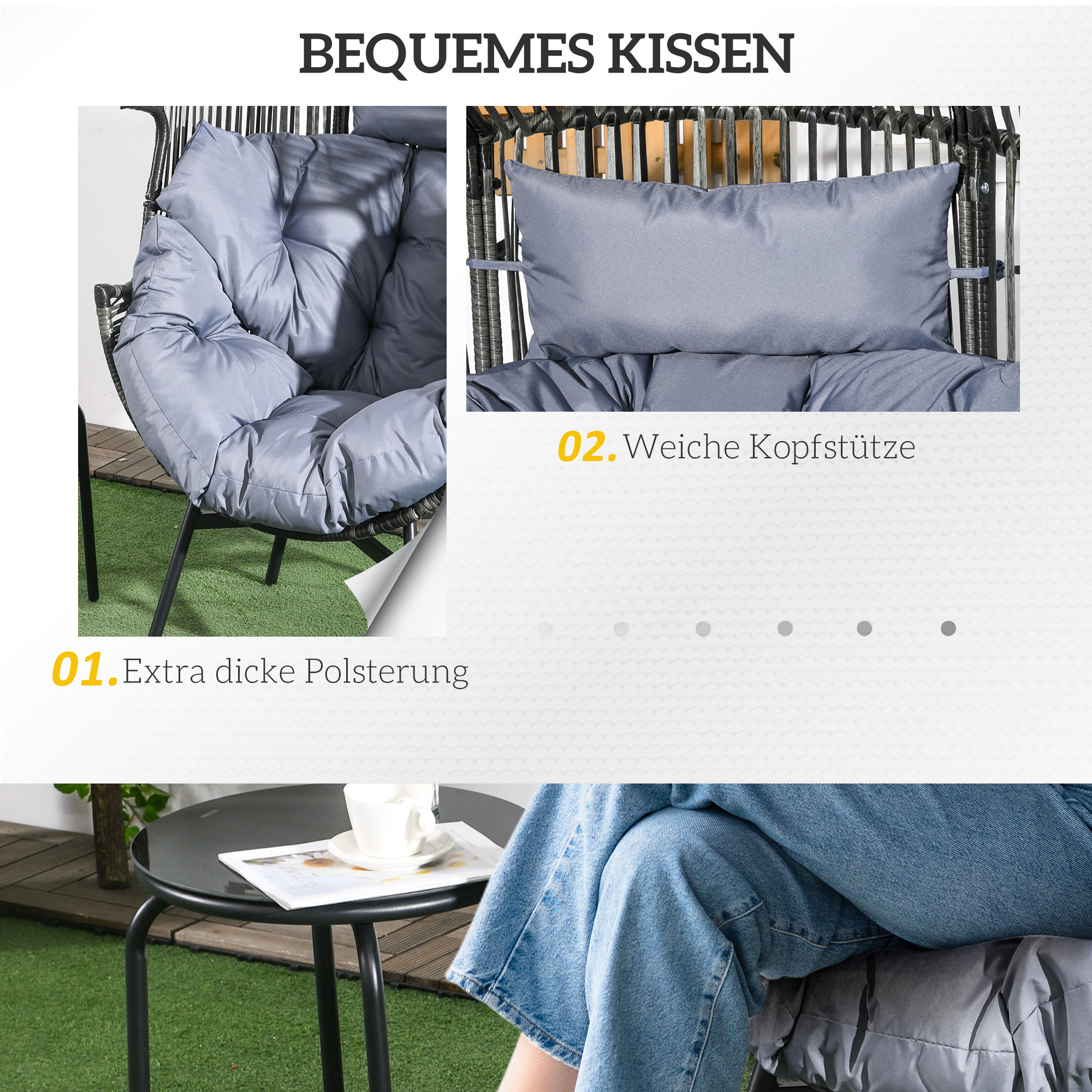 Rattansessel Outdoor-Sessel Gartensessel, PE-Rattan, 89 cm x 75 cm x 143 cm, Grau+Schwarz