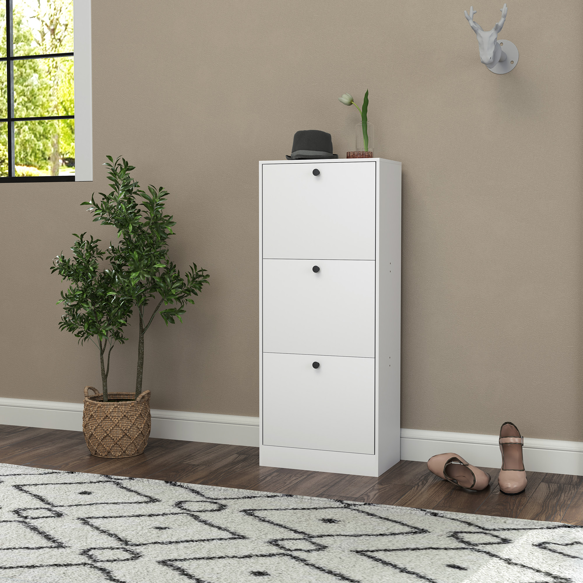 Schuhschrank, Schuhregal, 3 Klappfächer, verstellbar, Spanplatte, Weiß