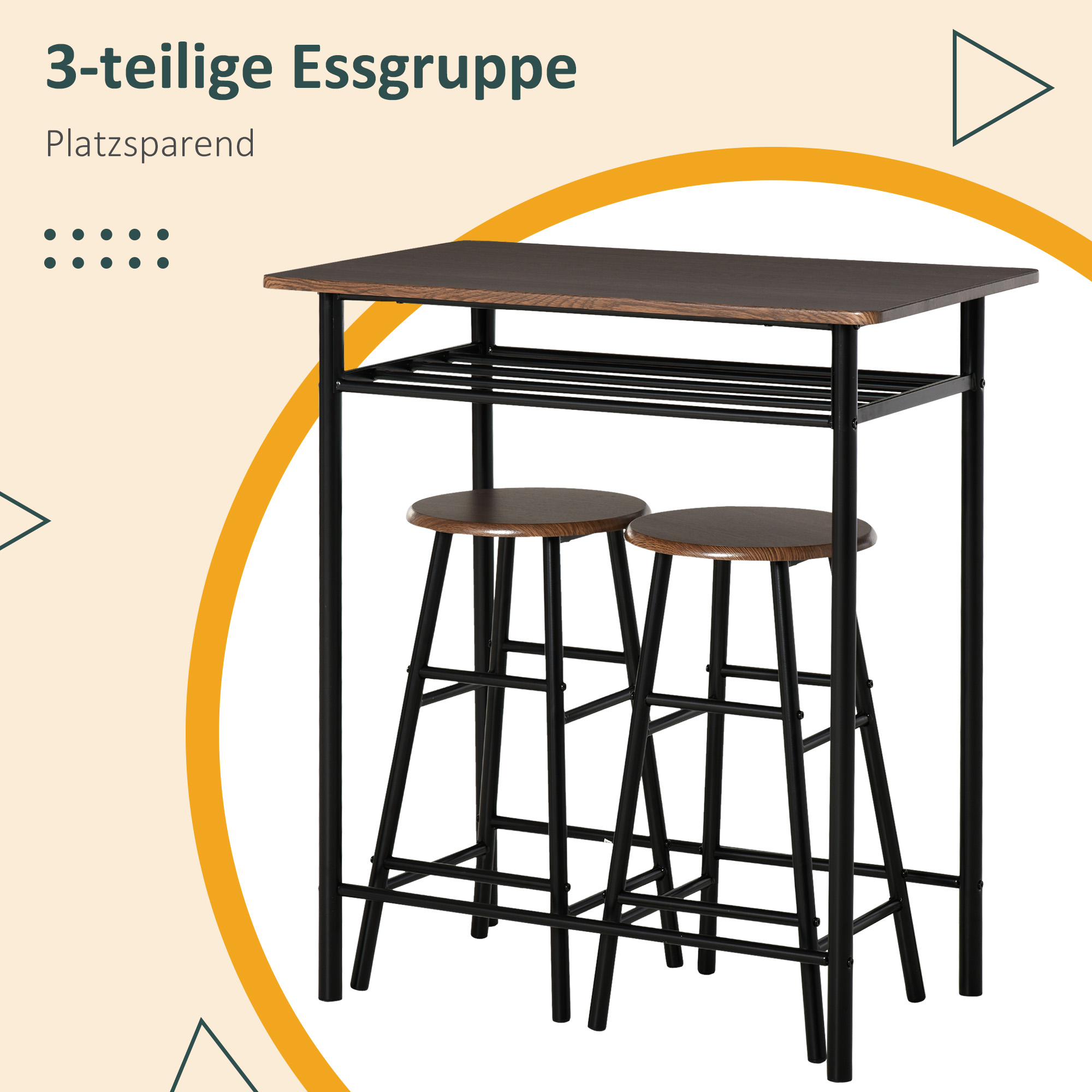 Bargarnitur, 3-teilig, Tisch & 2 Hocker, Regal, Industrie-Design, Schwarz/Eiche