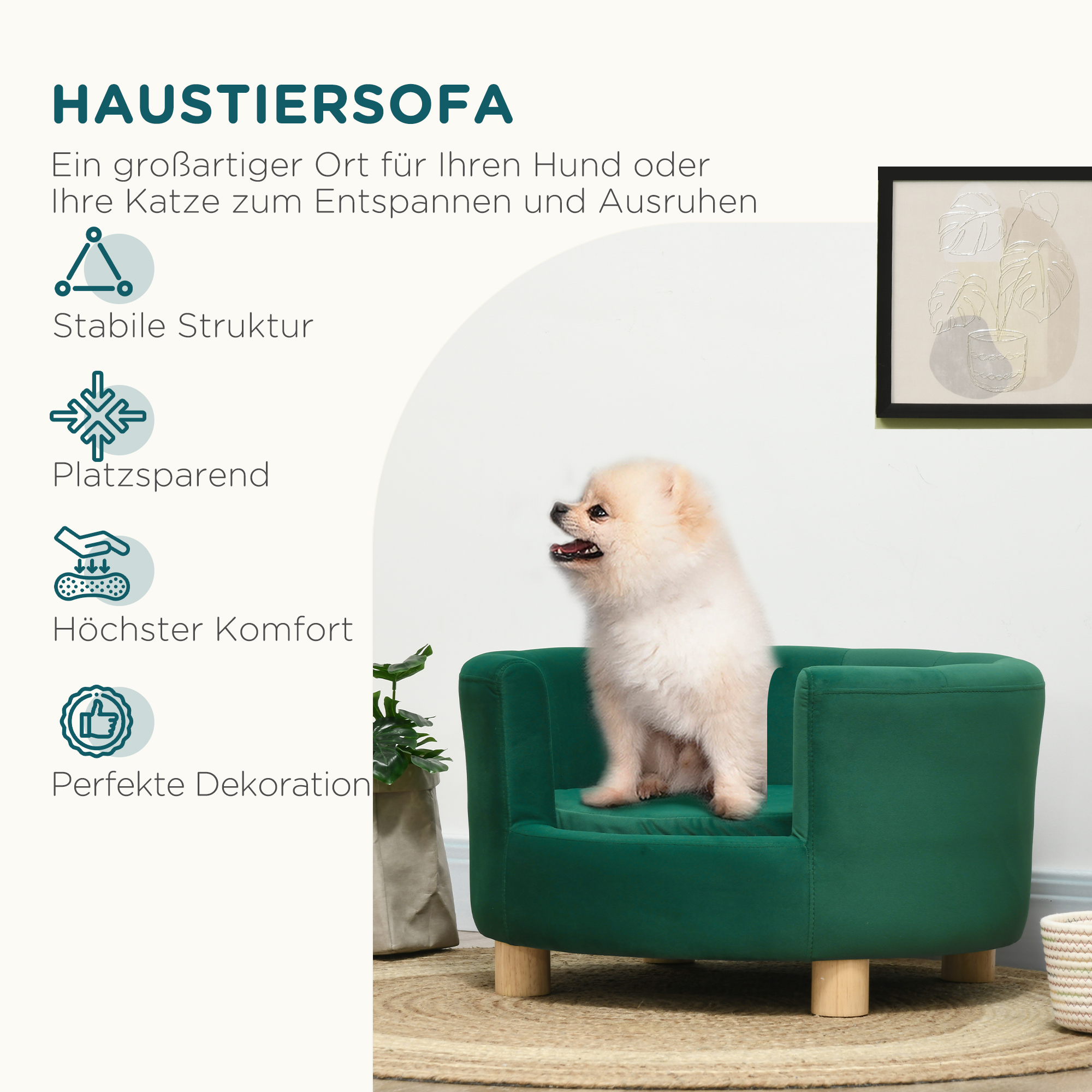 Hundesofa Hundecouch, Waschbarer Bezug, Haustiersofa mit Rückenlehne und Holzbeine, Katzensofa, für kleine Hunde unter 4,5 kg, Grün