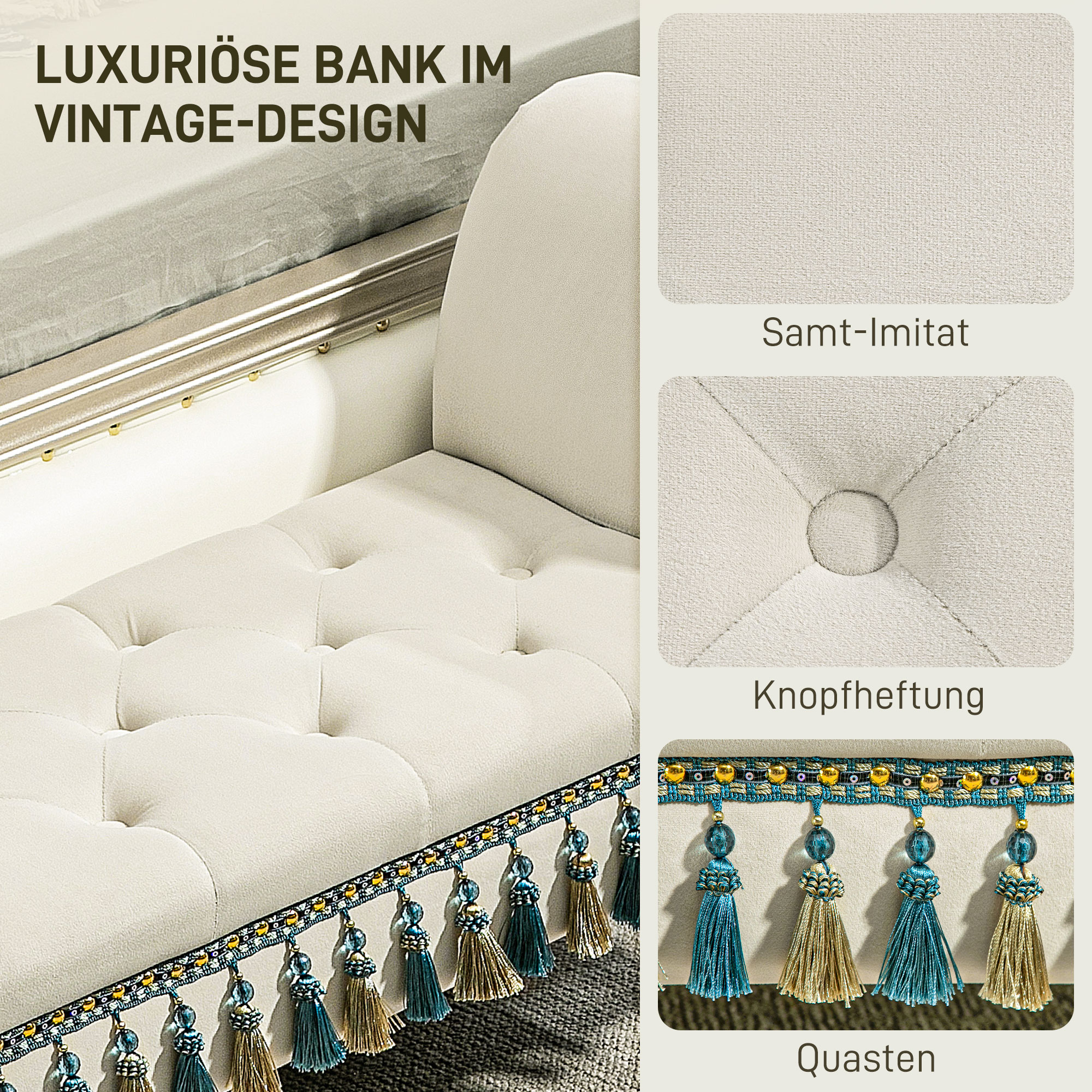 Polsterbank, Sitzbank, Vintage-Design, bis 150 kg, 117x40x58 cm, Beige