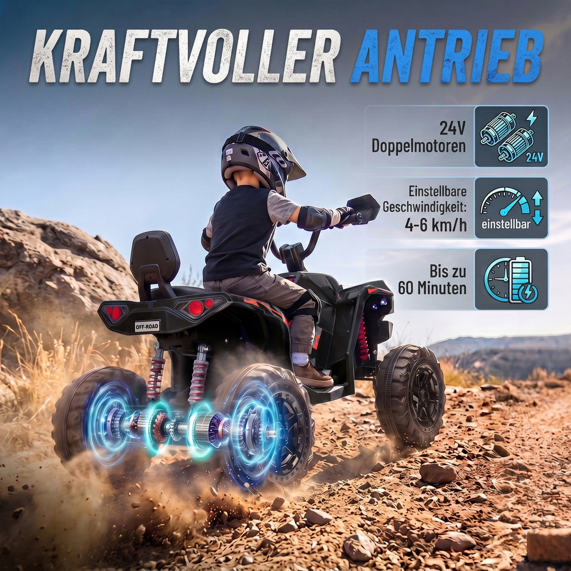 Kinder Quad Elektro 24V 2-Sitzer Elektro ATV 4–6 km/h Kinderquad mit Lithium-Akku 2 120W Motoren 4-Rad-Federung