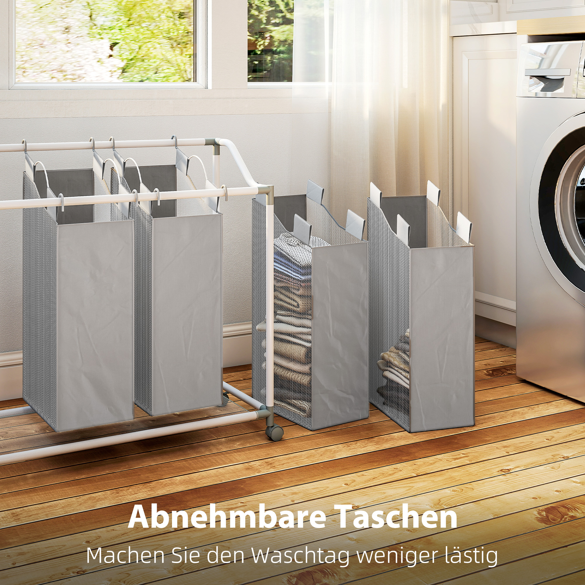 Wäschekorb mit 4 Fächer 160 L Wäschesammler mit Rädern, herausnehmbarer Wäschesack, 97 x 38 x 81 cm, Grau