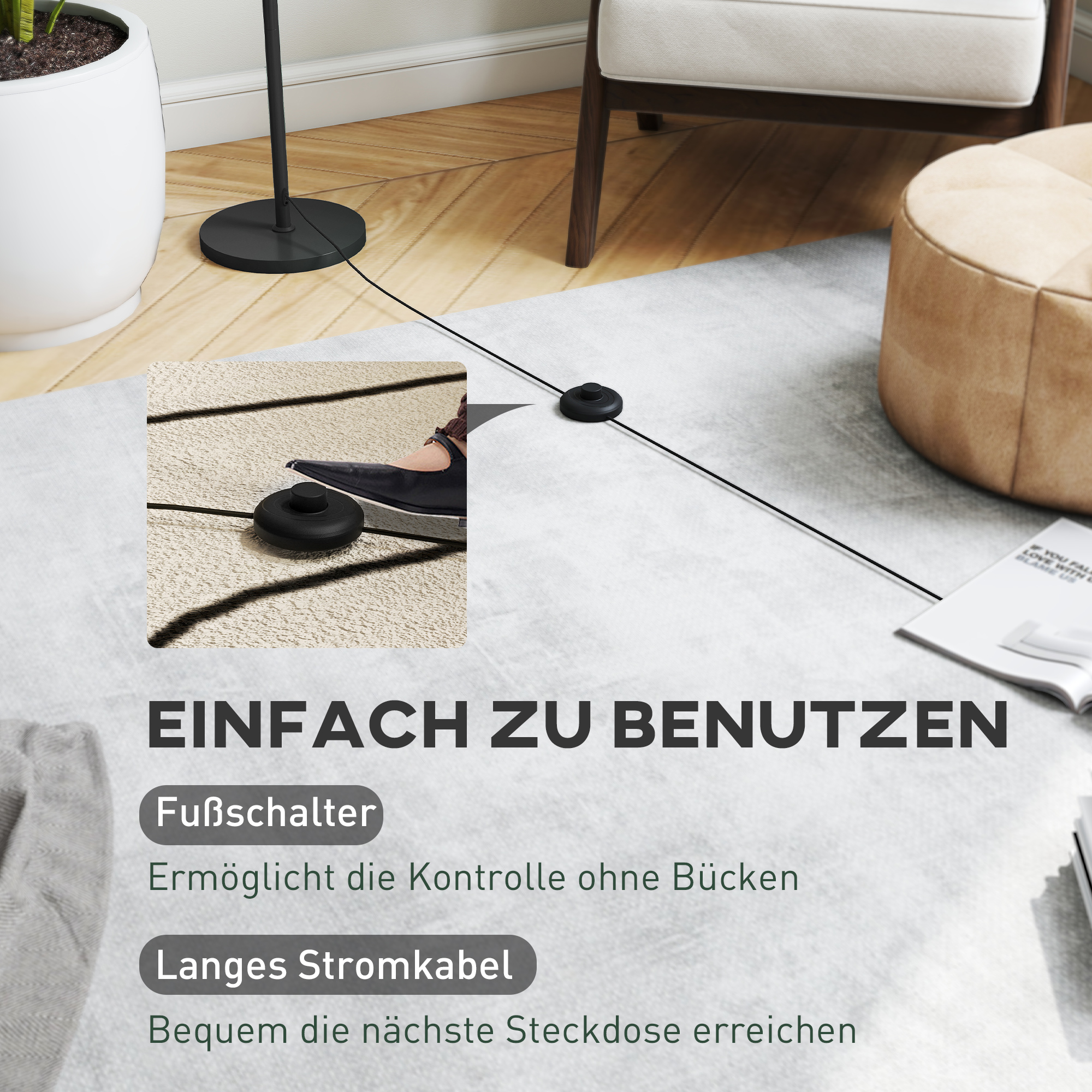 Stehlampe mit Schirm in Mondoptik, Fußschalter, 3 Farbtemperaturen, Metall, Schwarz