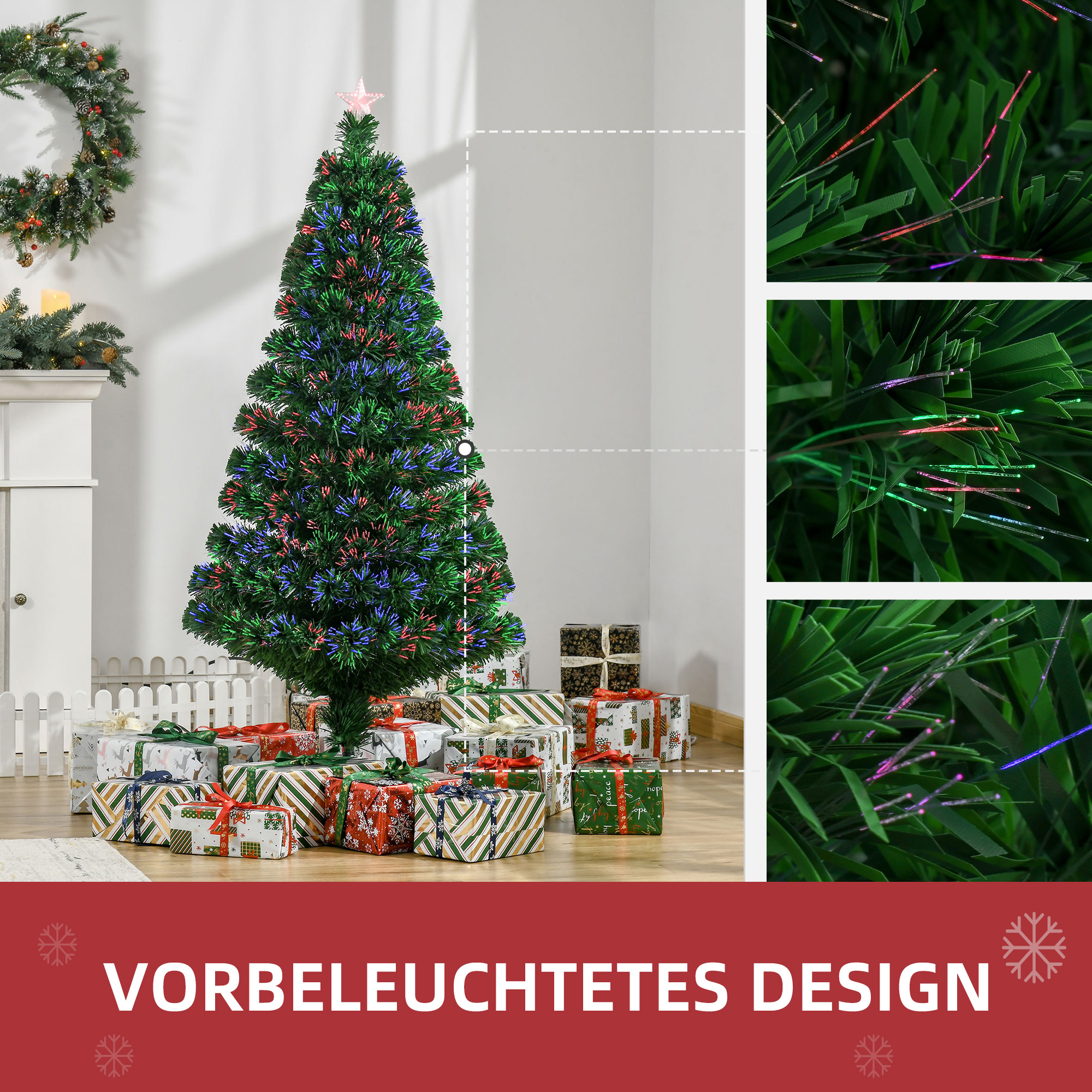 Künstlicher Weihnachtsbaum 150 cm mit Glasfaser künstlich Tannenbaum mit LED Beleuchtung, 180 Spitzen Christbaum Weihnachtsdeko inkl. Metallständer für drinnen