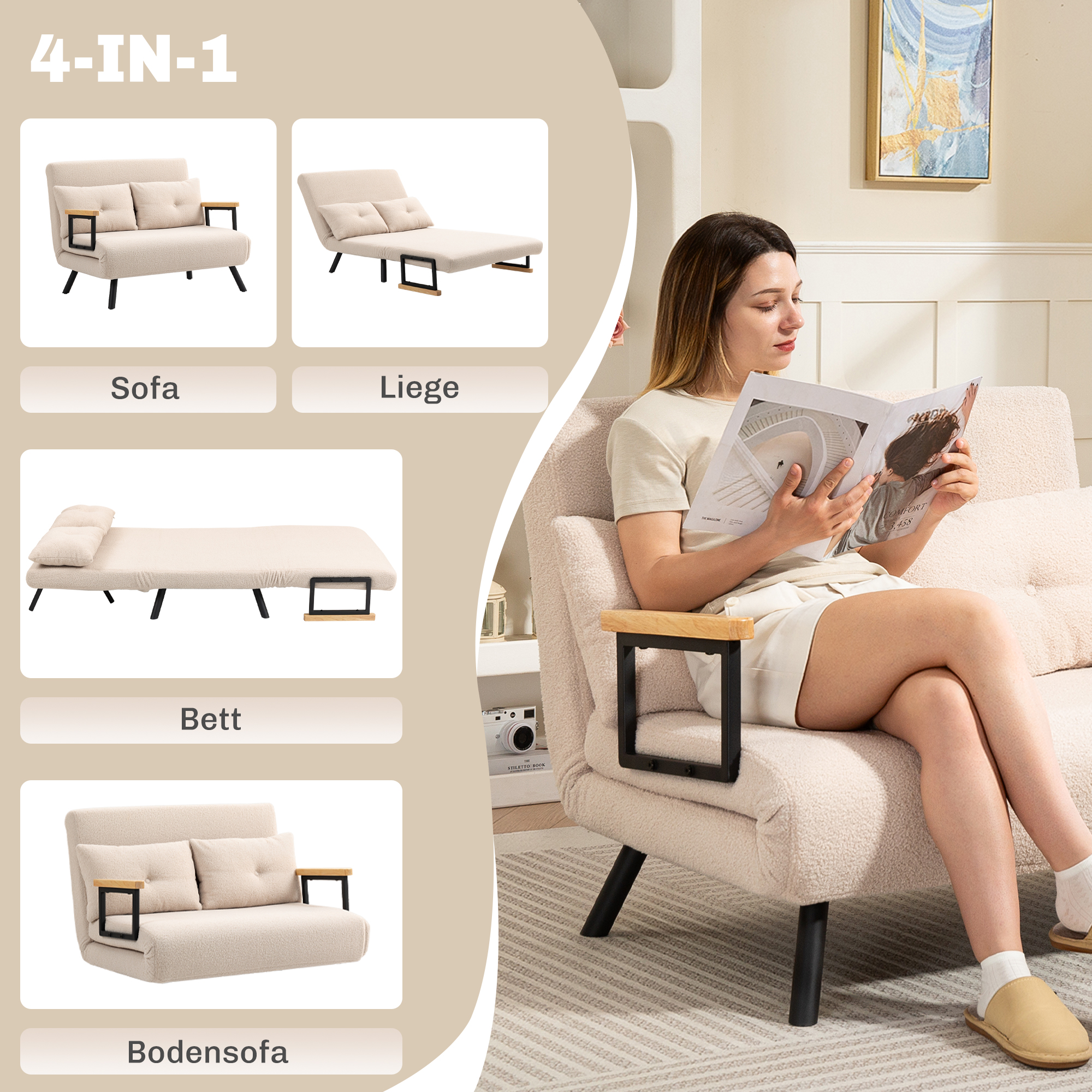 Schlafsofa 2er-Sofa Samtsofa, Schlaffunktion, inkl. 2 Kissen, Samtoptik, Natur + Beige + Schwarz