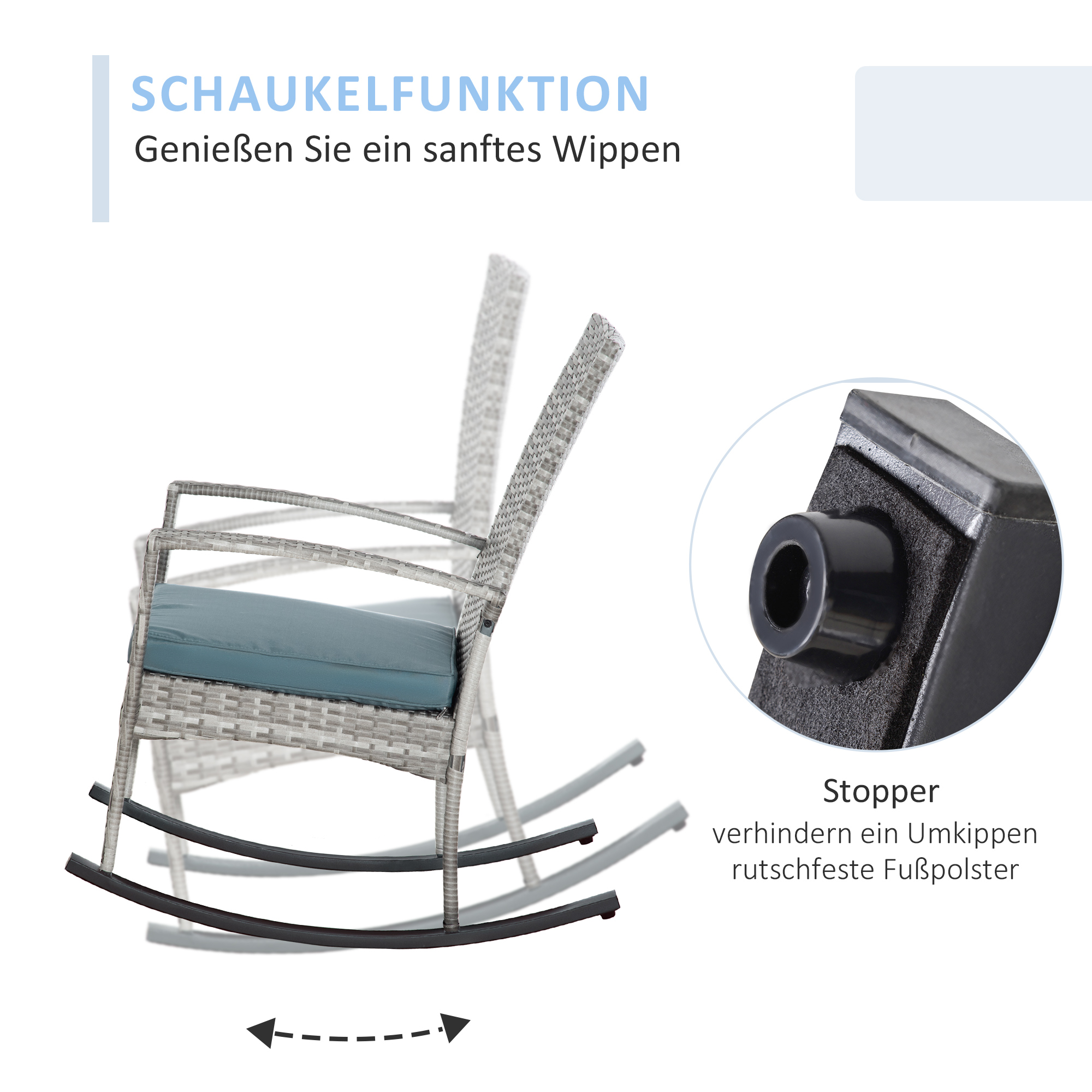 Schaukelstuhl Schwingsessel Gartenstuhl mit Kissen, Polyrattan+Metall, Grau, 66 x 88 x 98 cm