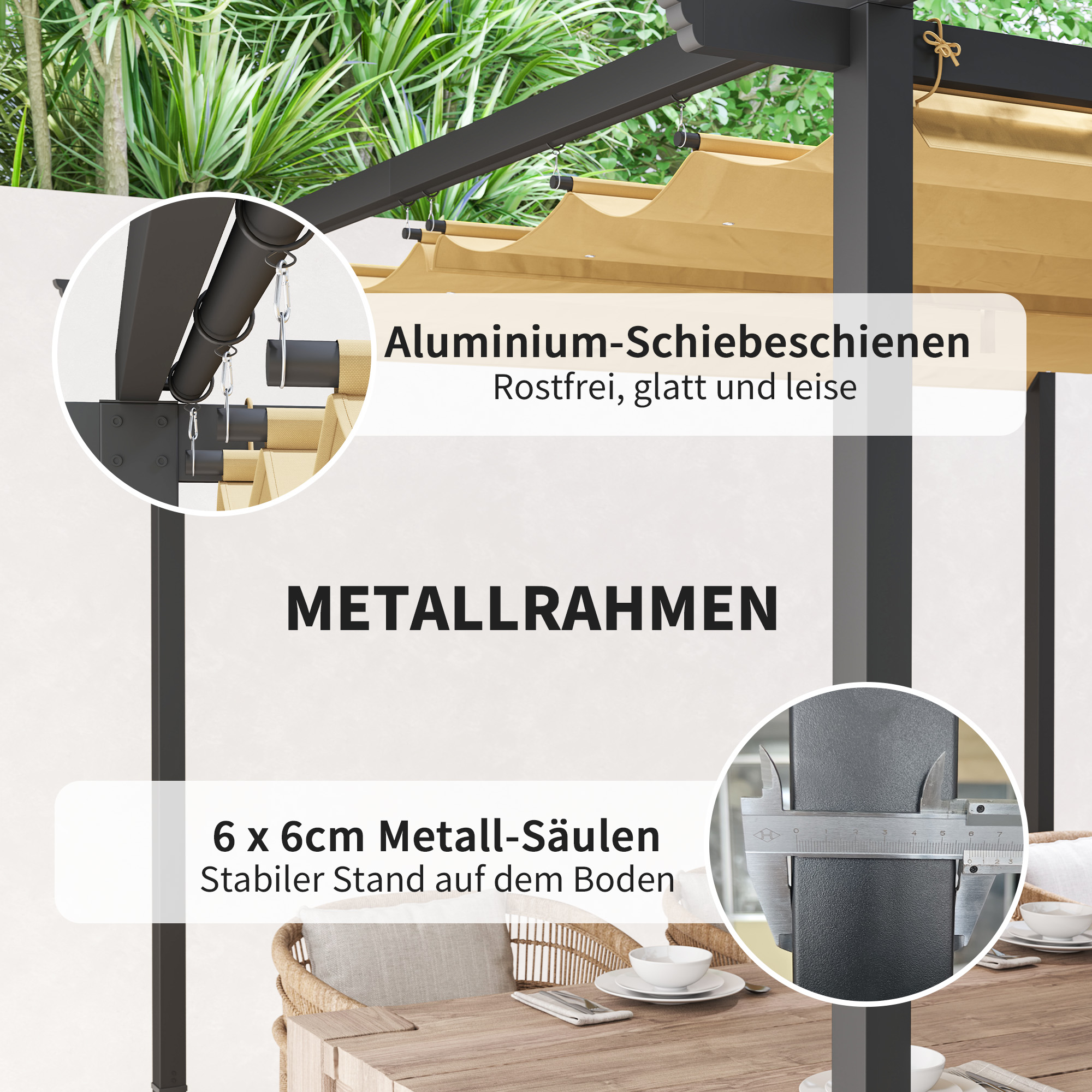 3 x 3 m Garten-Pergola mit verstellbarem Dach, Metallrahmen, UPF30+ Schutz, Sonnendach für Veranda, Terrasse, Beige