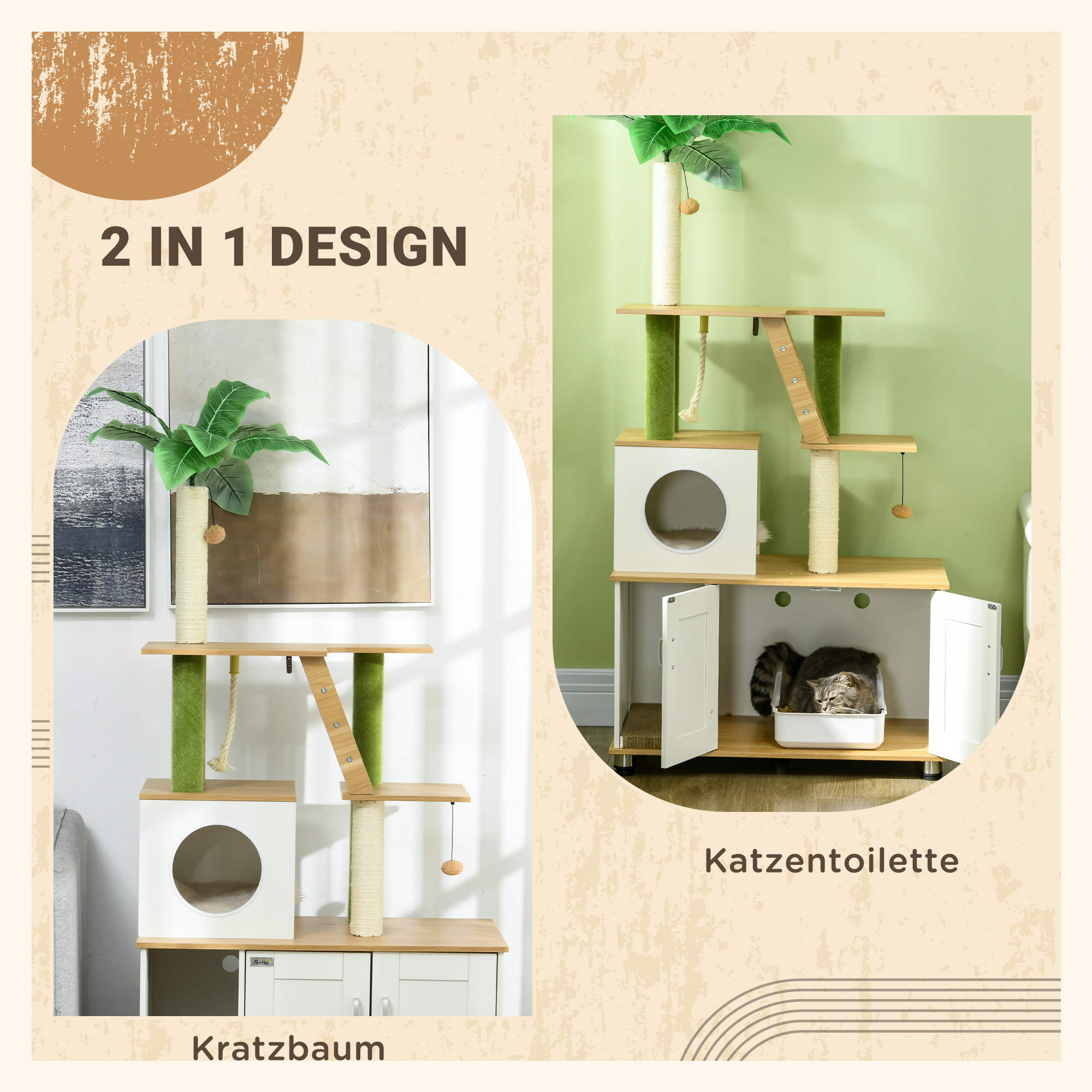 Kratzbaum Katzenbaum, inkl. Schrank, 1 Katzenhöhle, 80 x 48 x 160cm, 1 Leiter, Eiche + Weiß
