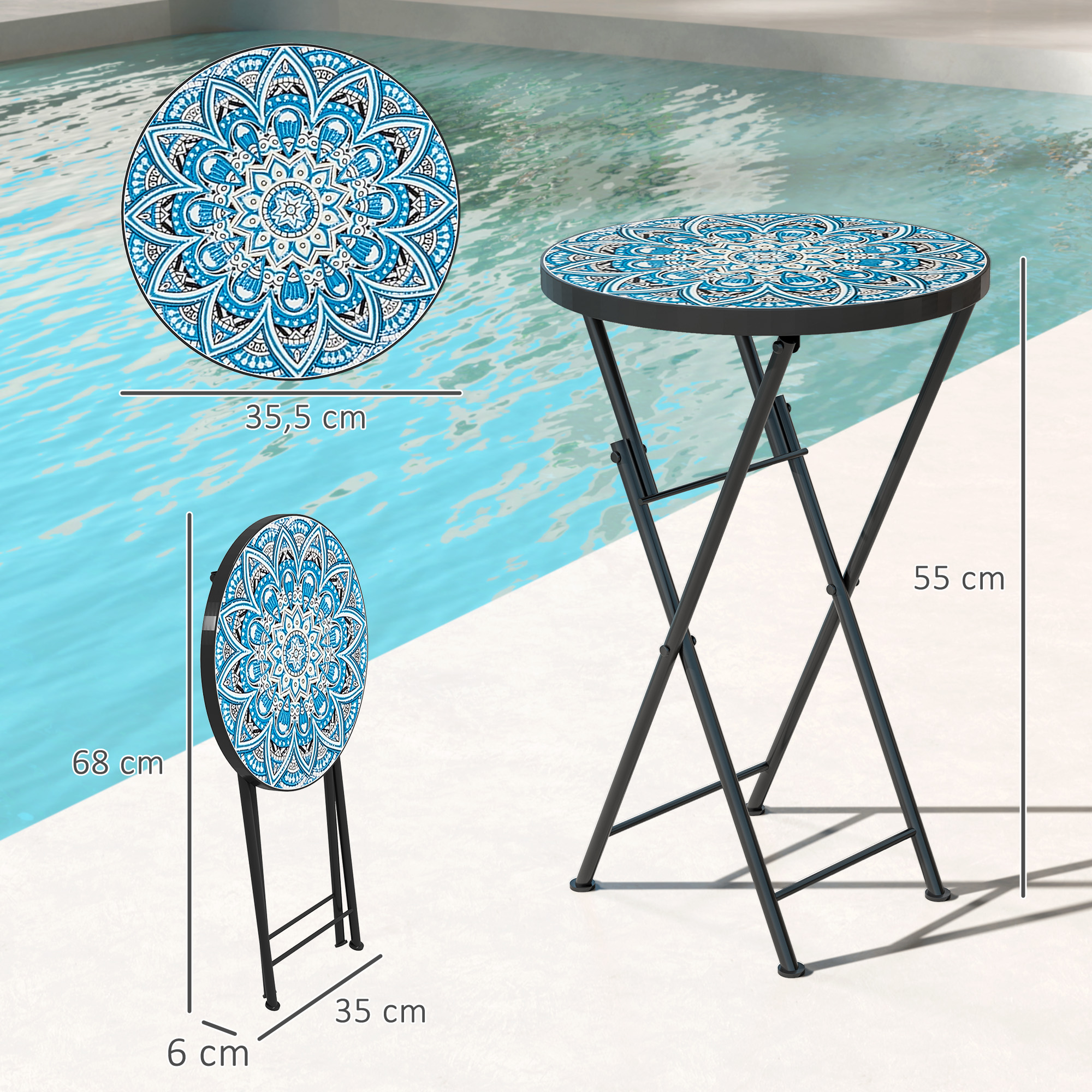Mosaik-Gartentisch, Faltbarer runder Terrassentisch mit Metallrahmen und Keramik-Tischplatte, Mosaik-Muster, Blau