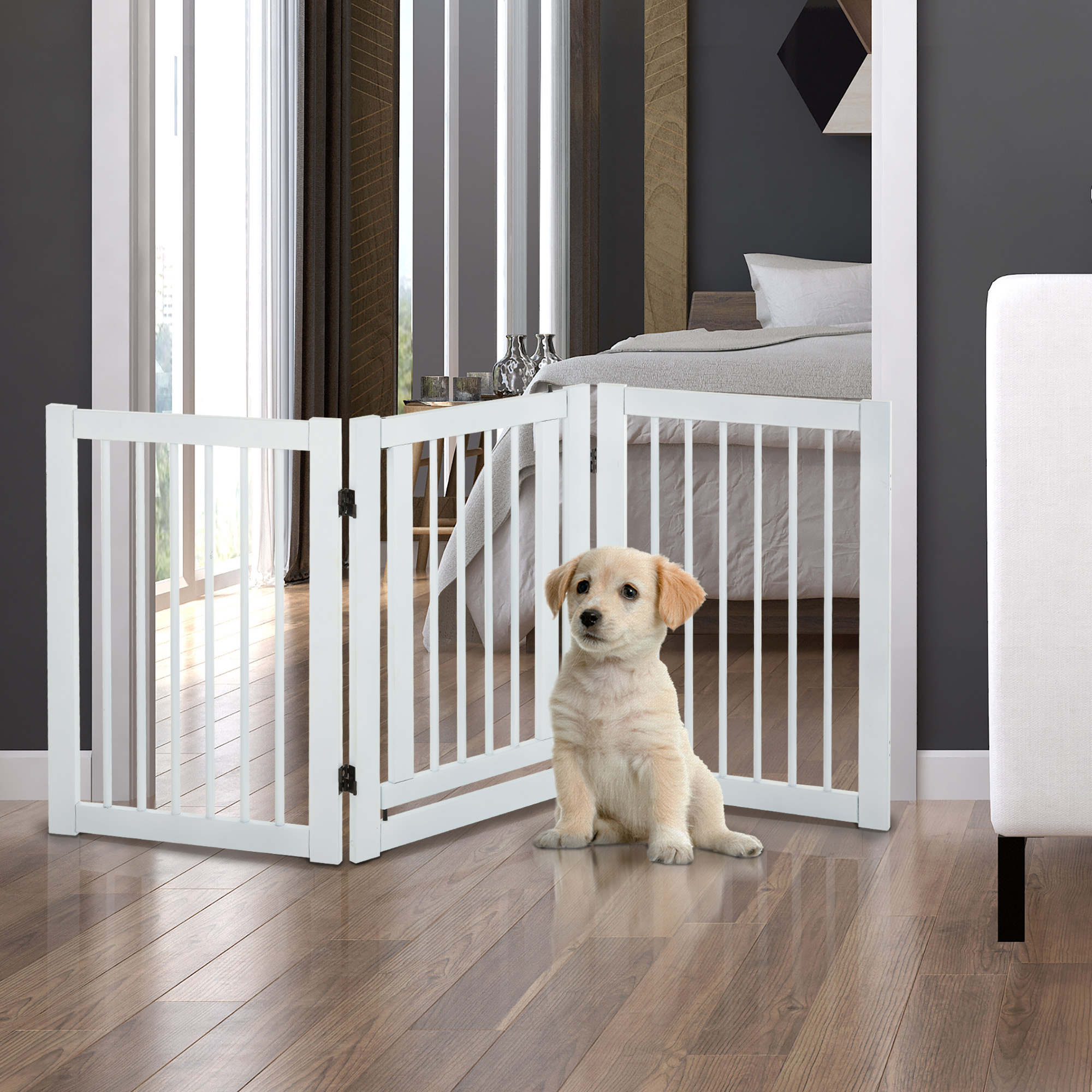 Absperrgitter Hund Freistehendes Verstellbares Schutzgitter mit Füßen 155 x 76 cm Holz Hundegitter Klappbar Treppenschutzgitter für Treppen, Türen, Küche, Flur, 3 Paneelen, Weiß