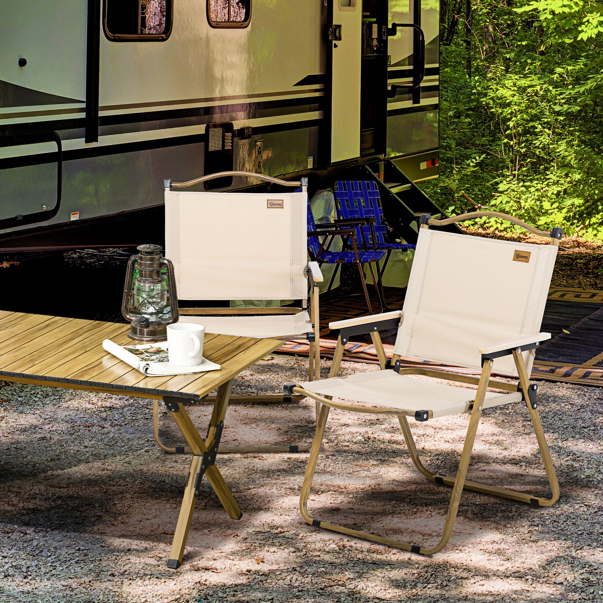 Campingstühle, 2 x Strandstuhl, faltbar, Stahl, Holzoptik, Khaki