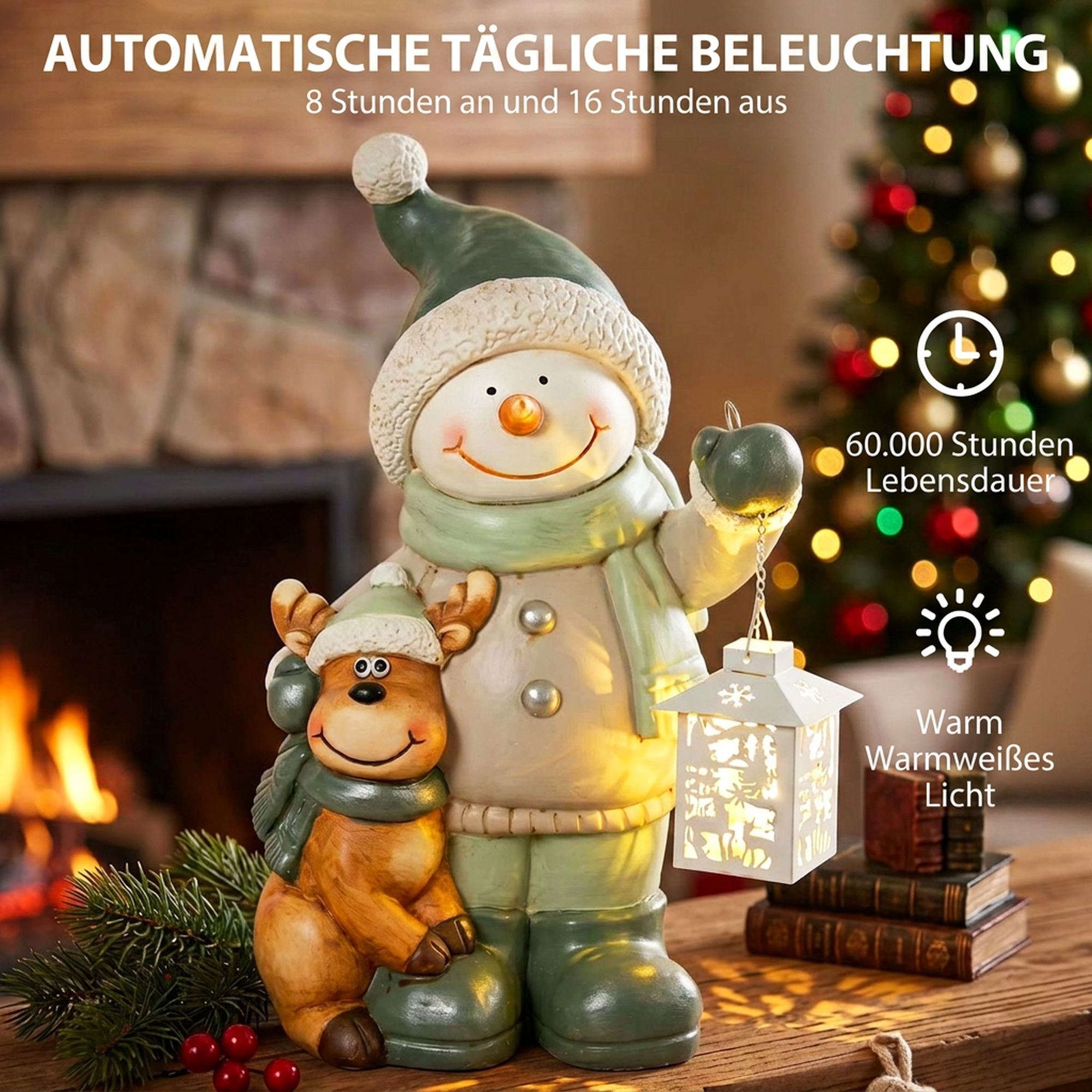 Schneemann-Figur 43 cm aus MGO mit LED-Laterne und Timer, für Eingangsbereich & Türbereich