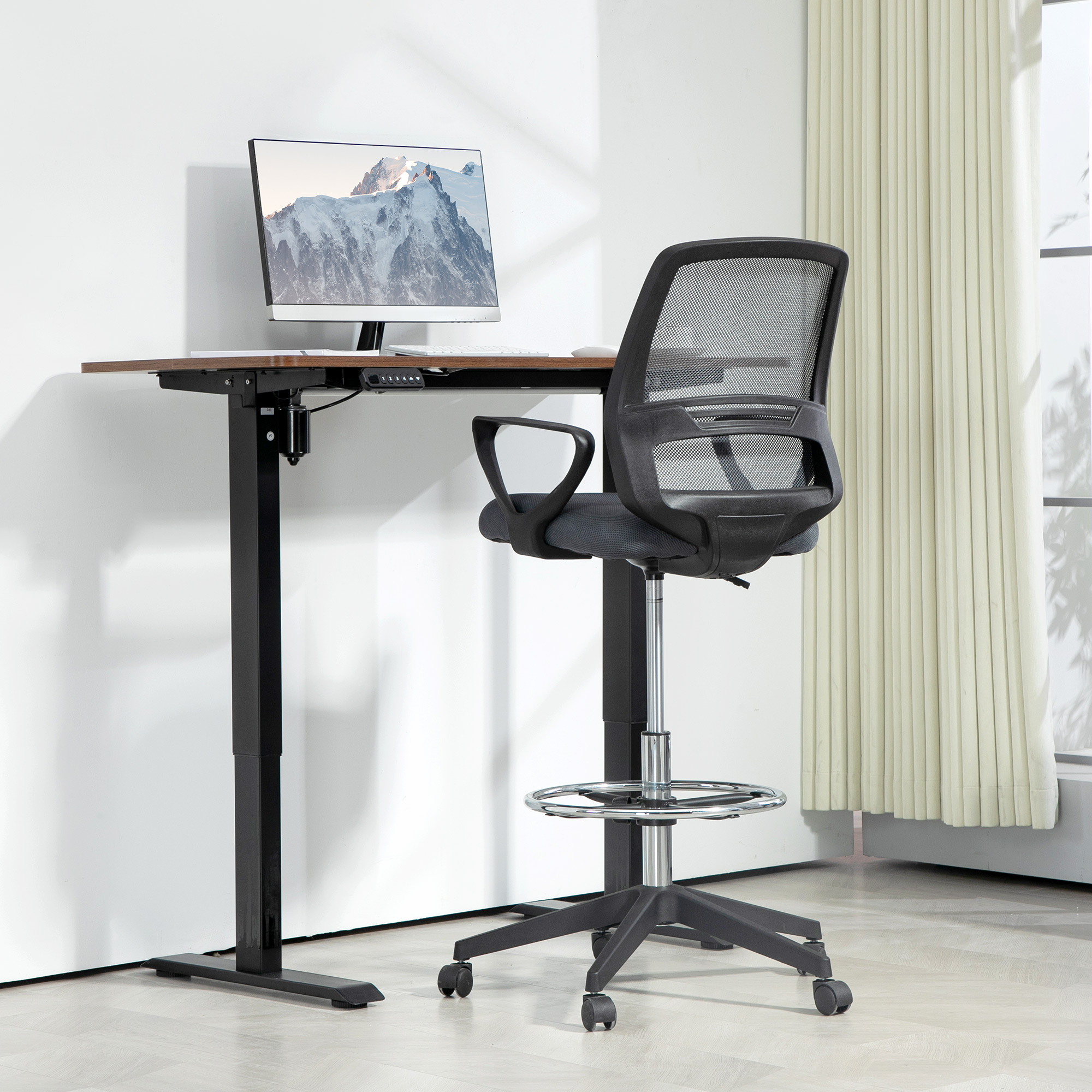 Bürostuhl Ergonomischer Schreibtischstuhl mit Armlehnen und Verstellbarer Fußring Netzbespannung Grau