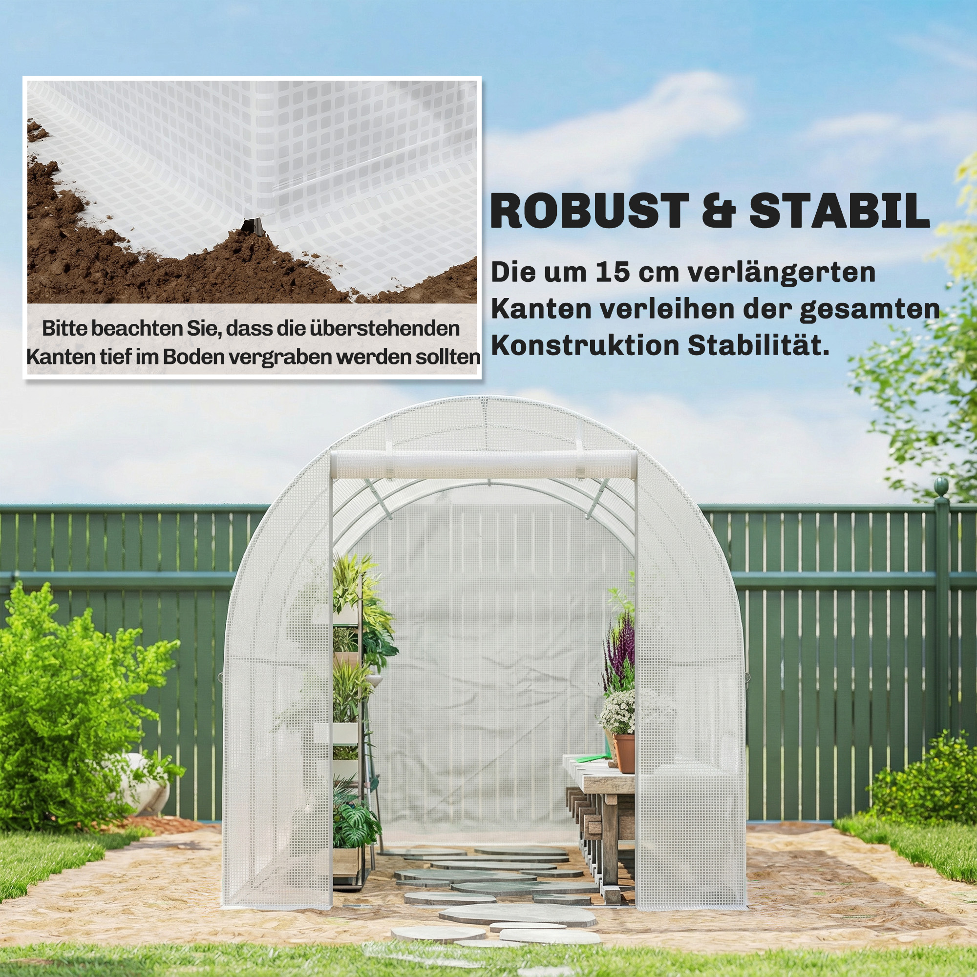 Gewächshausfolie 4 x 2 m, wasserdicht Gartenfolie mit Tür, 8 Fenster, UV Schutz, Reißfest Polyethylen Weiß