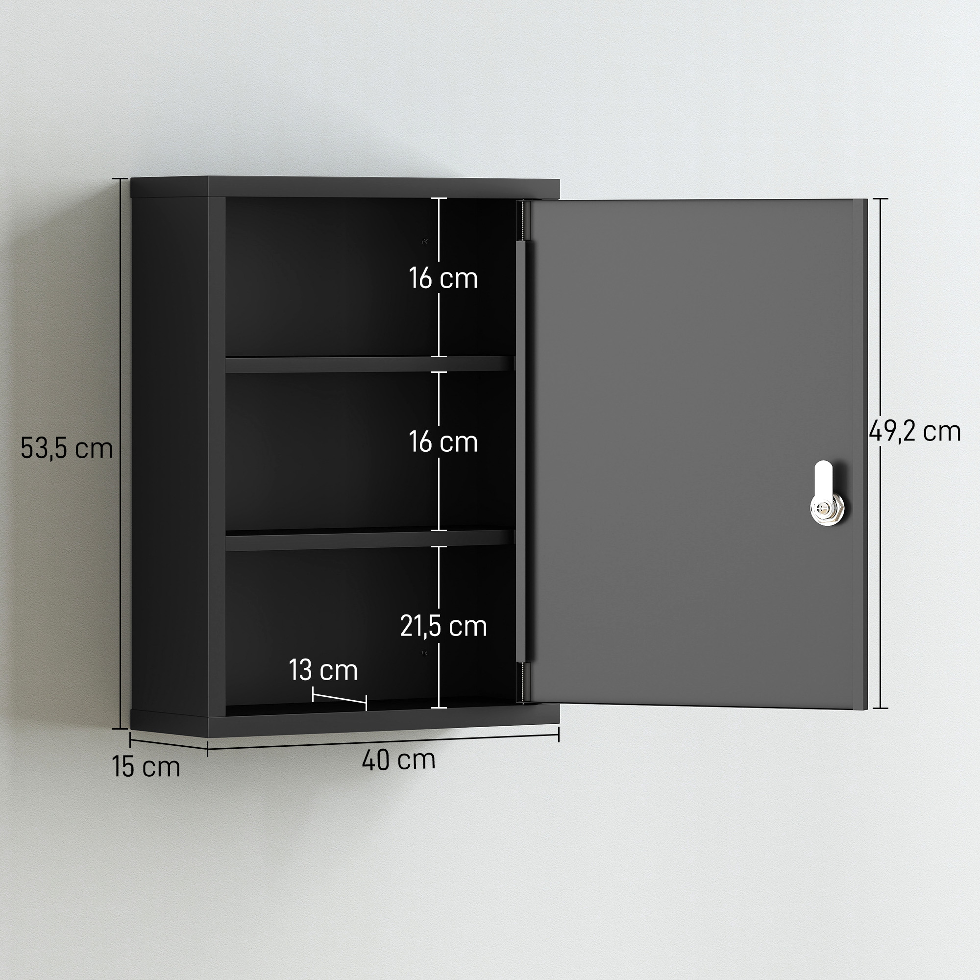 Medizinschrank zur Wandmontage mit Schloss, 3-stufiger Stahl-Wandschrank, 40 x 15 x 53,5 cm, Schwarz