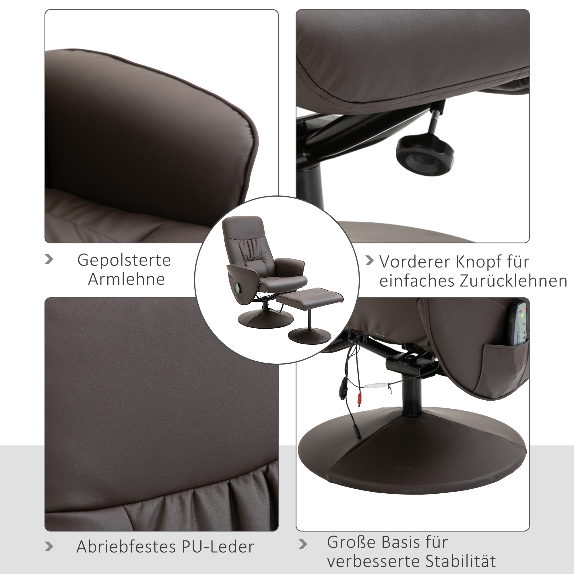 Relaxsessel mit Hocker, drehbarer Fernsehsessel mit 10 Massagepunkte, Liegefunktion, Massagesessel mit Fernbedienung, Seitentasche, TV-Sessel, Kunstleder, Braun