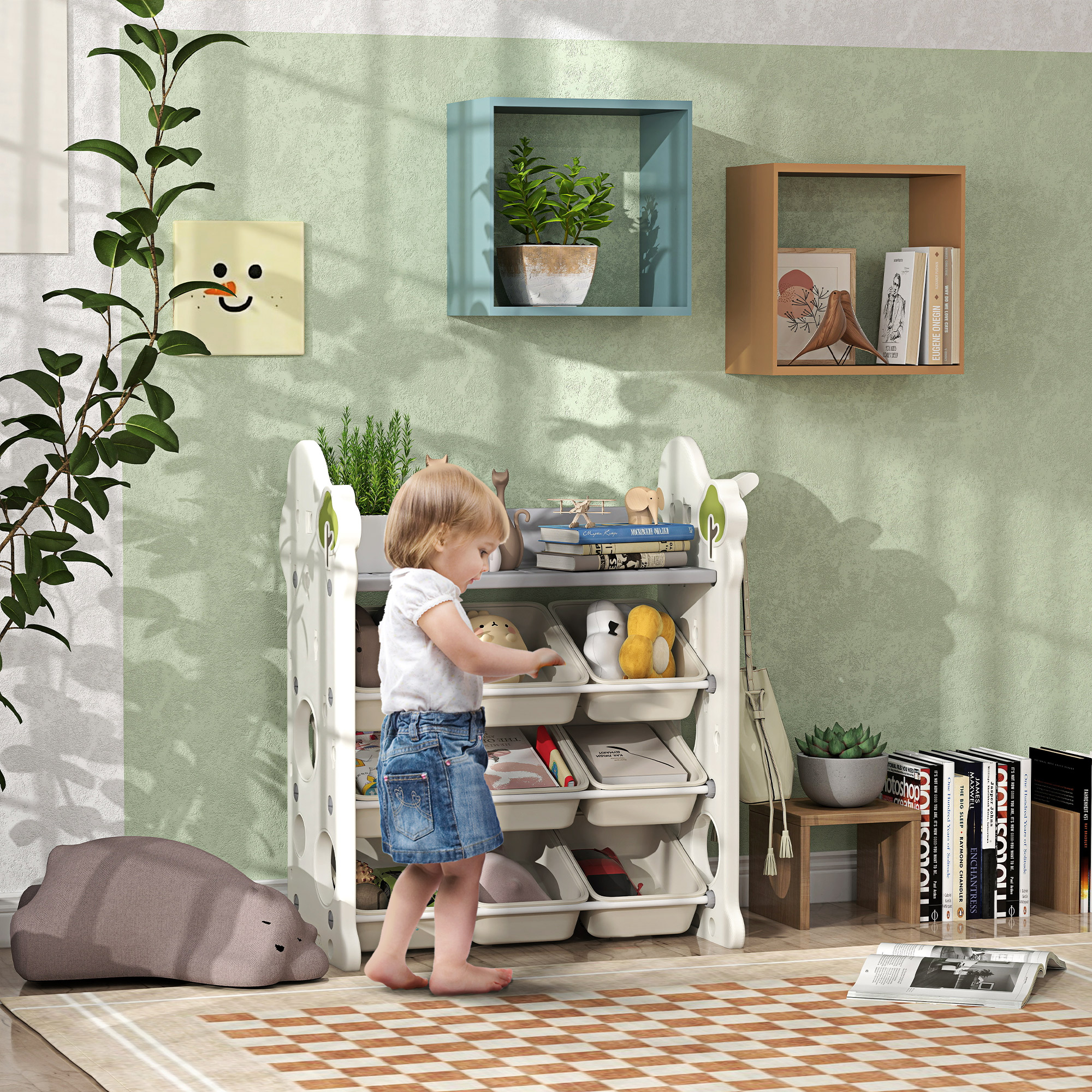 Kinder-Aufbewahrungsregal mit 9 Behältern, für Spielzeug und Bücher, Kinderzimmer, Kindergarten, Kunststoff, Cremeweiß